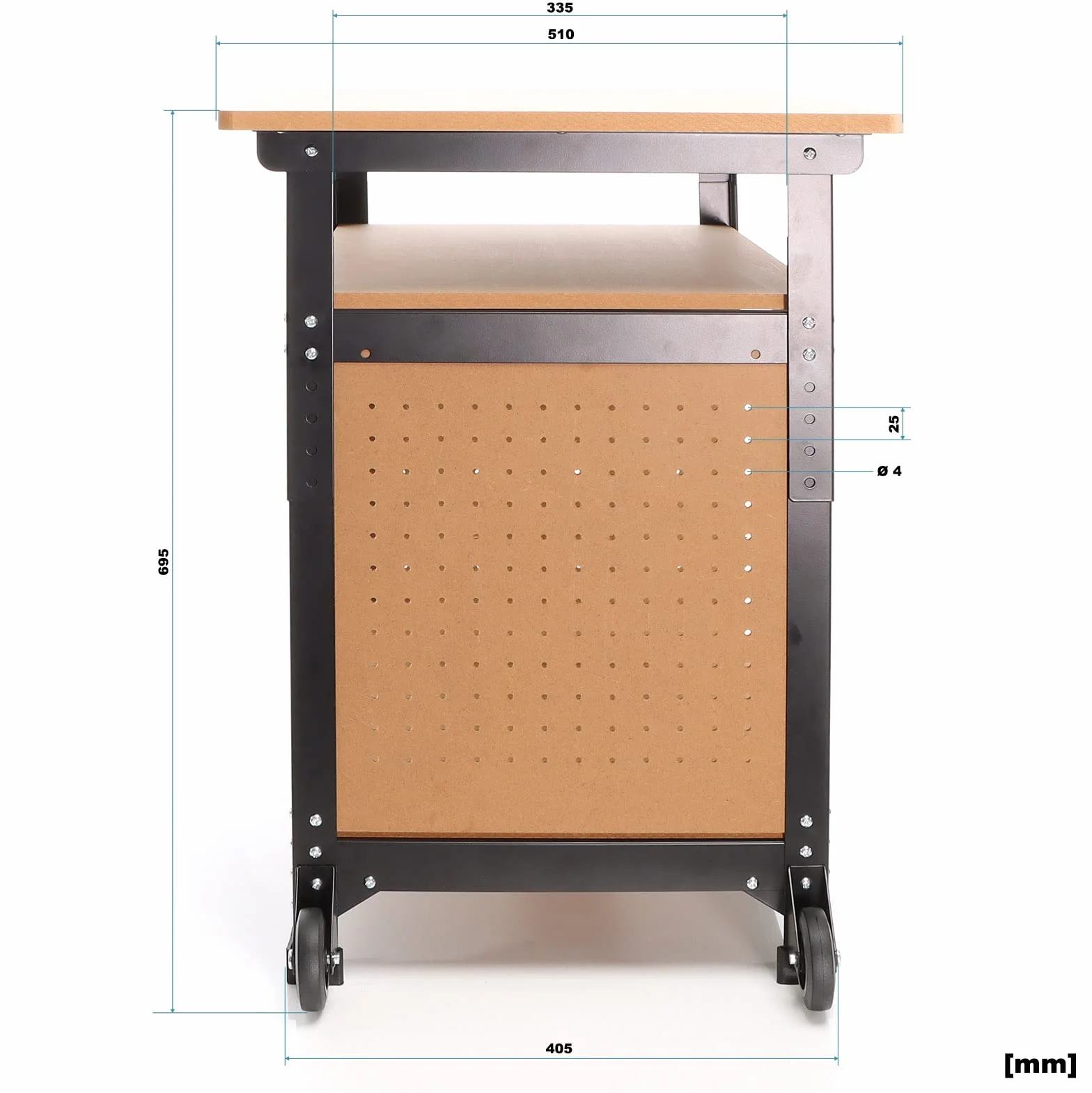 XPOtool Stół warsztatowy, 68 x 50 x 66-82 cm, ruchomy, regulowany na wysokość, z 2 kółkami i 2 półkami, warsztat