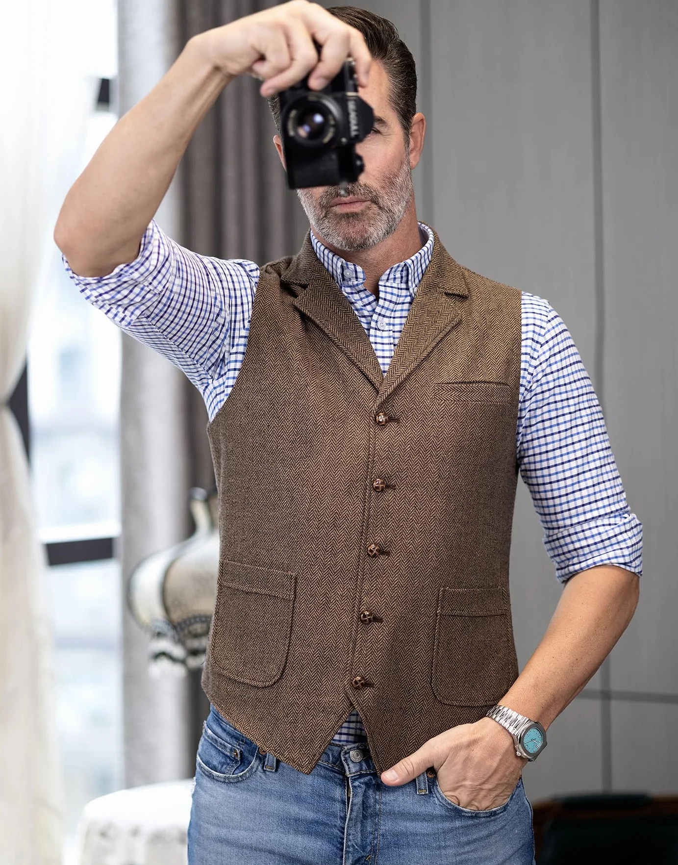 Tuikayoo Męska kamizelka Western Herringbone Tweed Garnitur Wełna Slim Fit Wełna