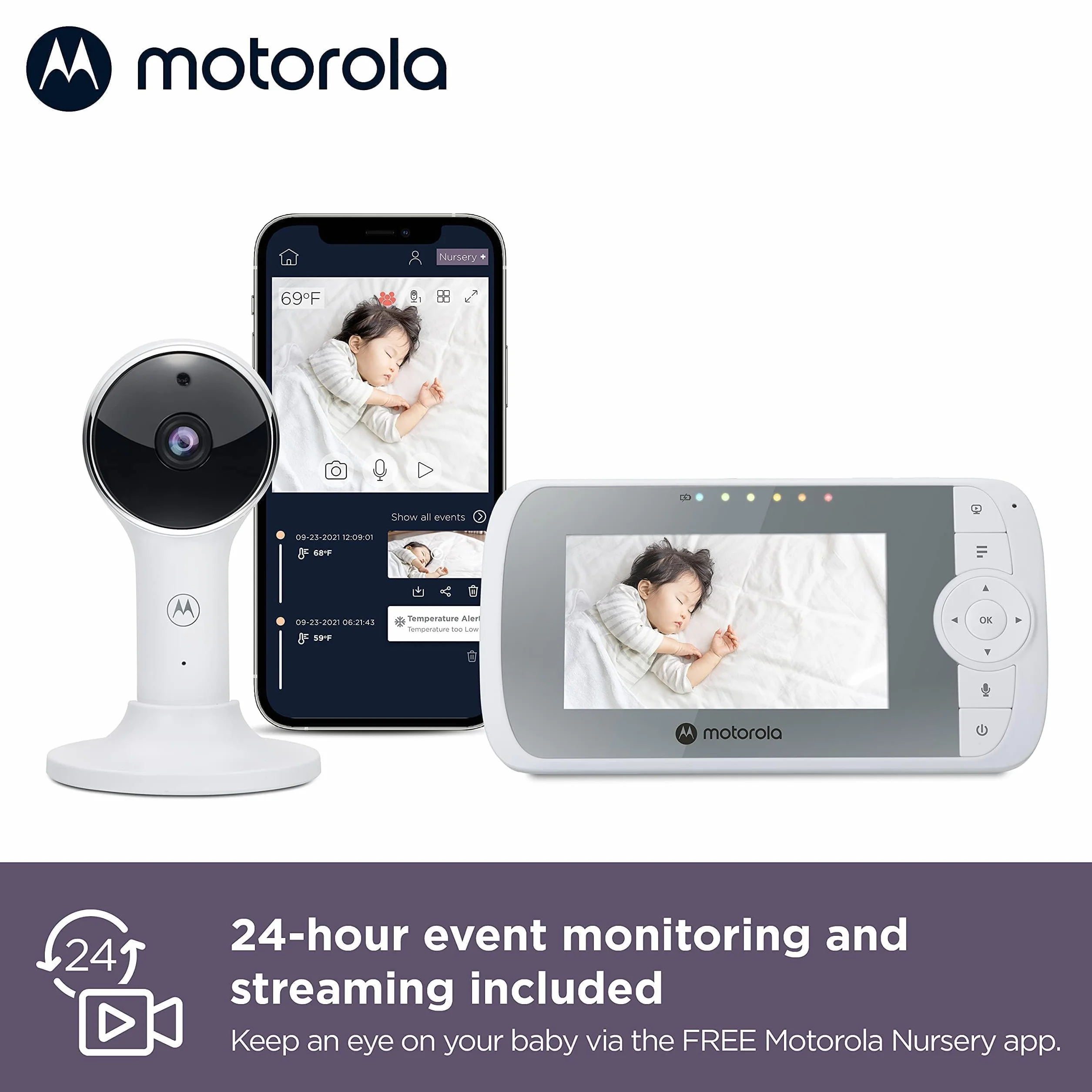 Motorola Nursery Elektroniczna niania VM64 – 4,3" WiFi Video Monitor dla niemowląt z kamerą – aplikacja na smartfon, uchwyt magnetyczny, duży zasięg, 2-drożne audio, zoom cyfrowy, temperatura