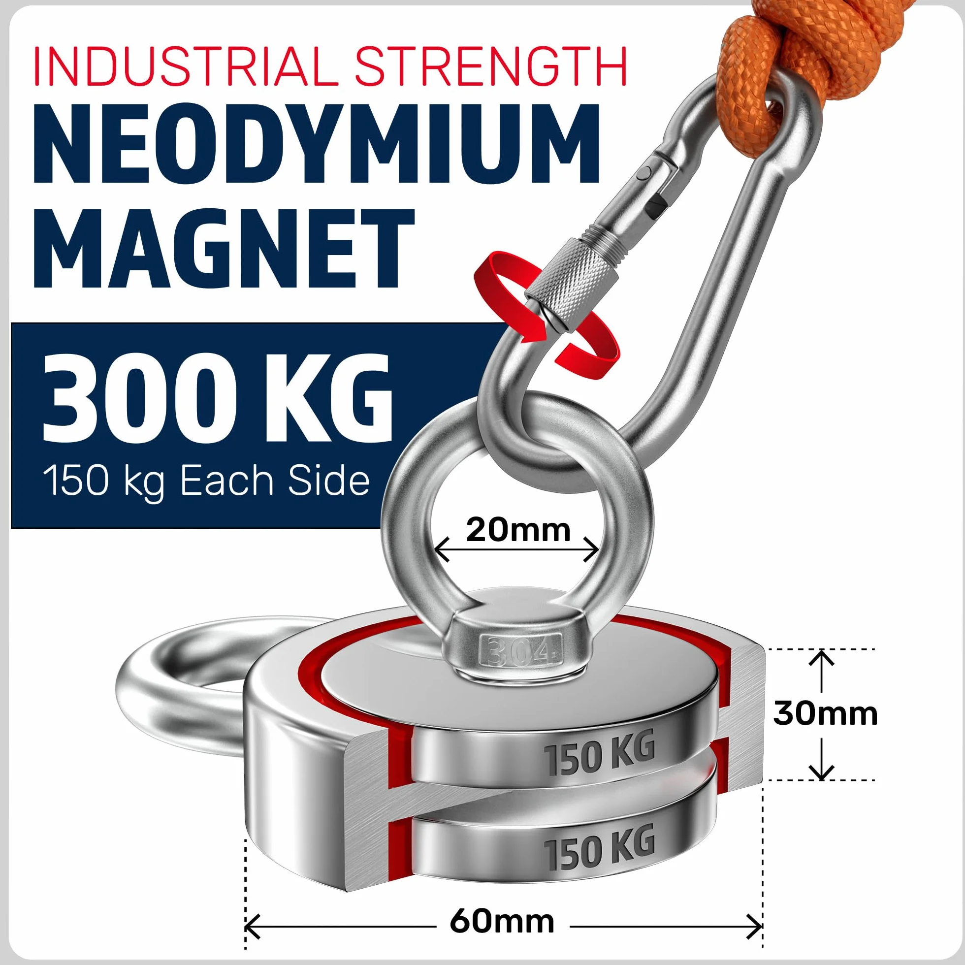MAGFISHION Dwustronny Zestaw do Magnetycznego Wędkarstwa - Siła Przyciągania 300KG (2x 150kg) - Ø60mm - Magnes Neodymowy z 2 Linami, Hak Grabiący & Rękawice - Magnes Ryba