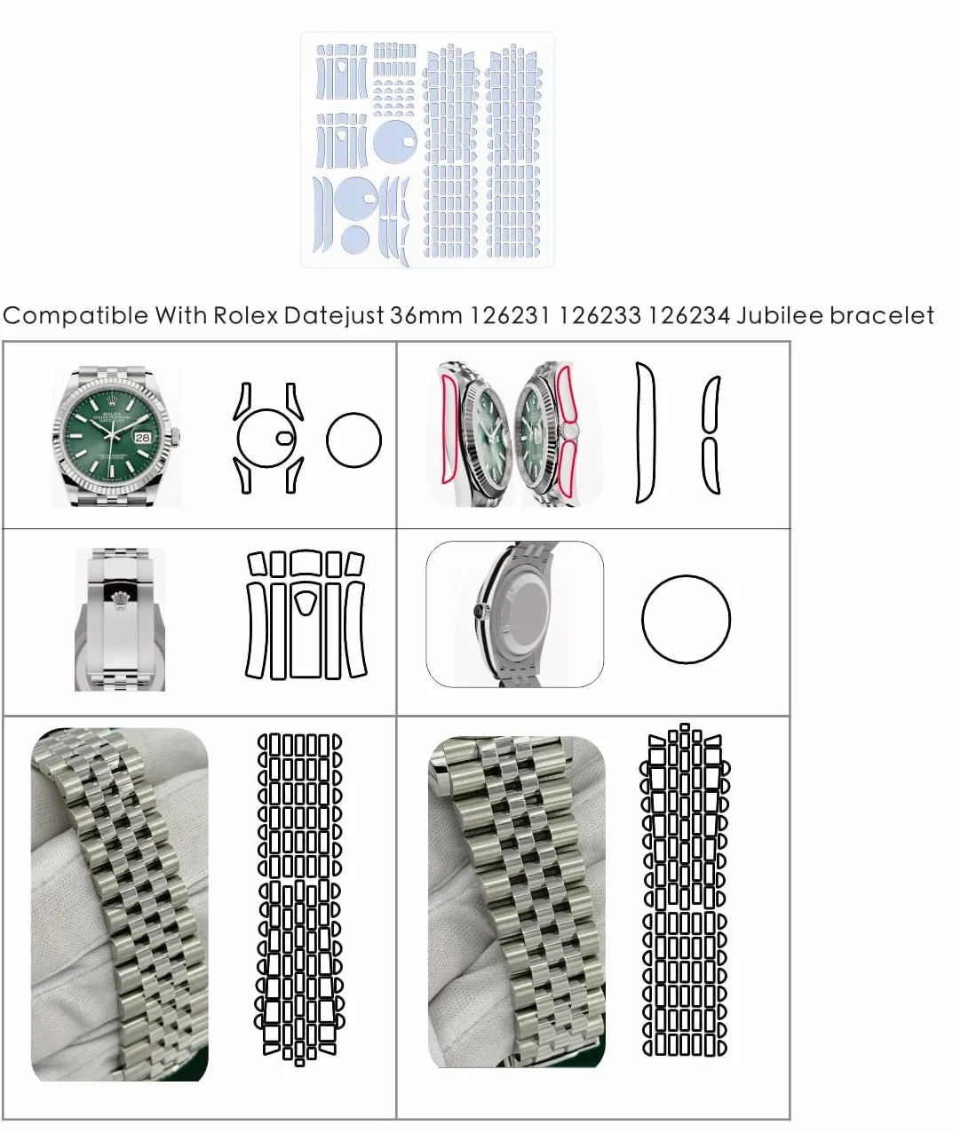 Folia ochronna do zegarka Rolex Datejust 36 mm Ref. 126231 126233 126234 bransoletka jubileuszowa. Przezroczysta skóra pełna osłona ekranu zegarka naklejka (2 x folia na cały korpus)