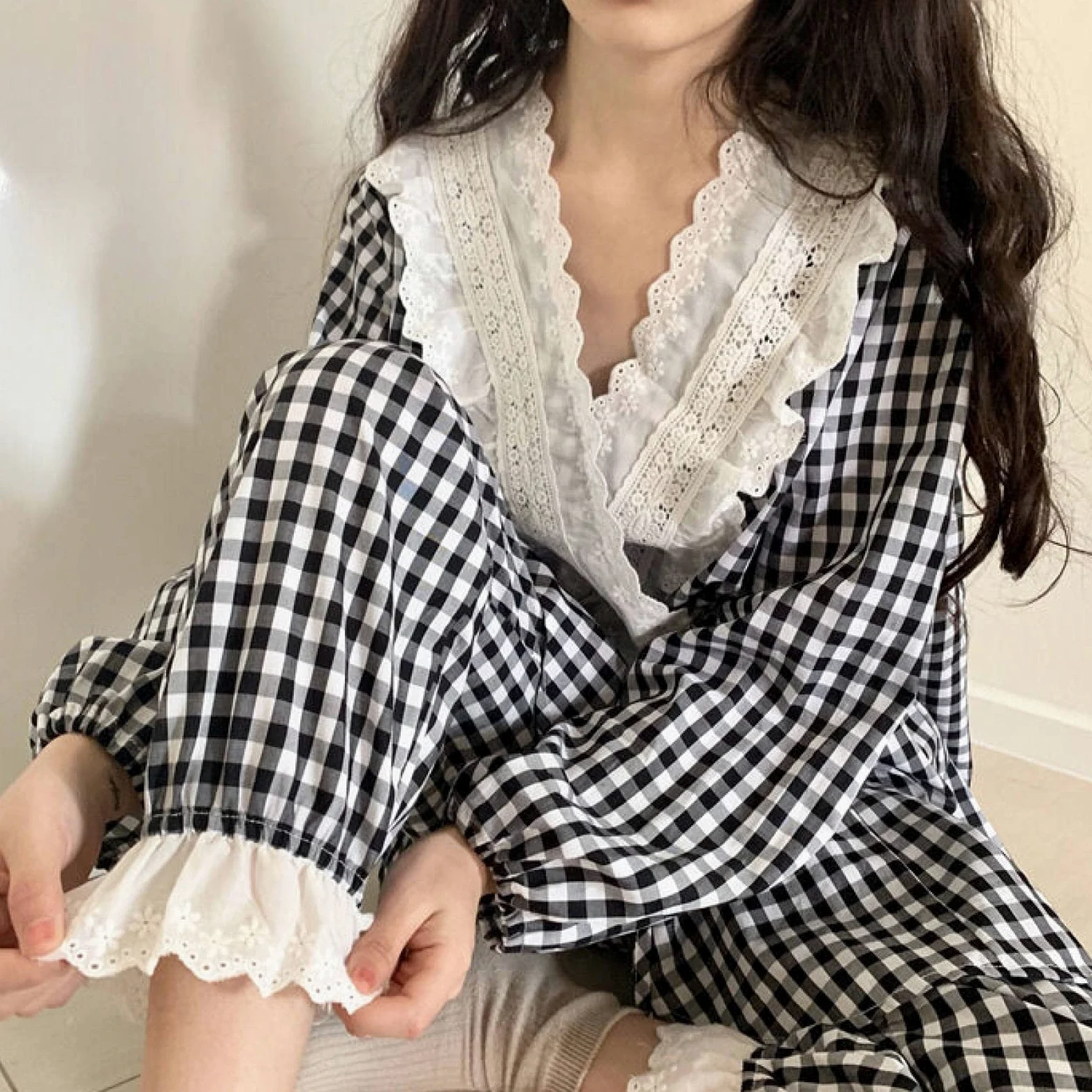 Kobiety słodkie zestawy piżam - dziewczęcy dekolt w serek stylowa krata cały mecz bielizna nocna minimalistyczny studenci Harajuku elegancki miękki Jogging Homewear dla dorosłych stroje garnitur (Col