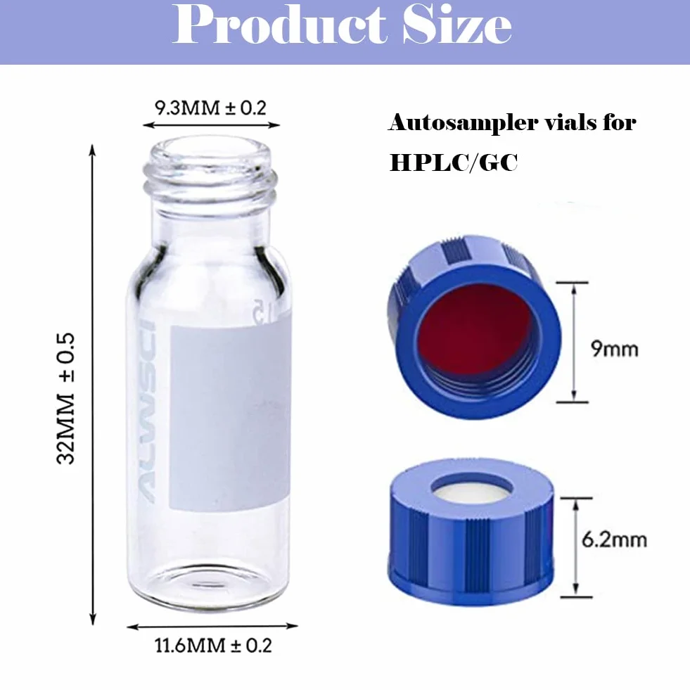ALWSCI 2 ml HPLC szklane buteleczki, przezroczyste buteleczki laboratoryjne, 9-425 przezroczystych buteleczek, niebieska zakrętka, czerwony PTFE i biały silikon Septa, 100 sztuk