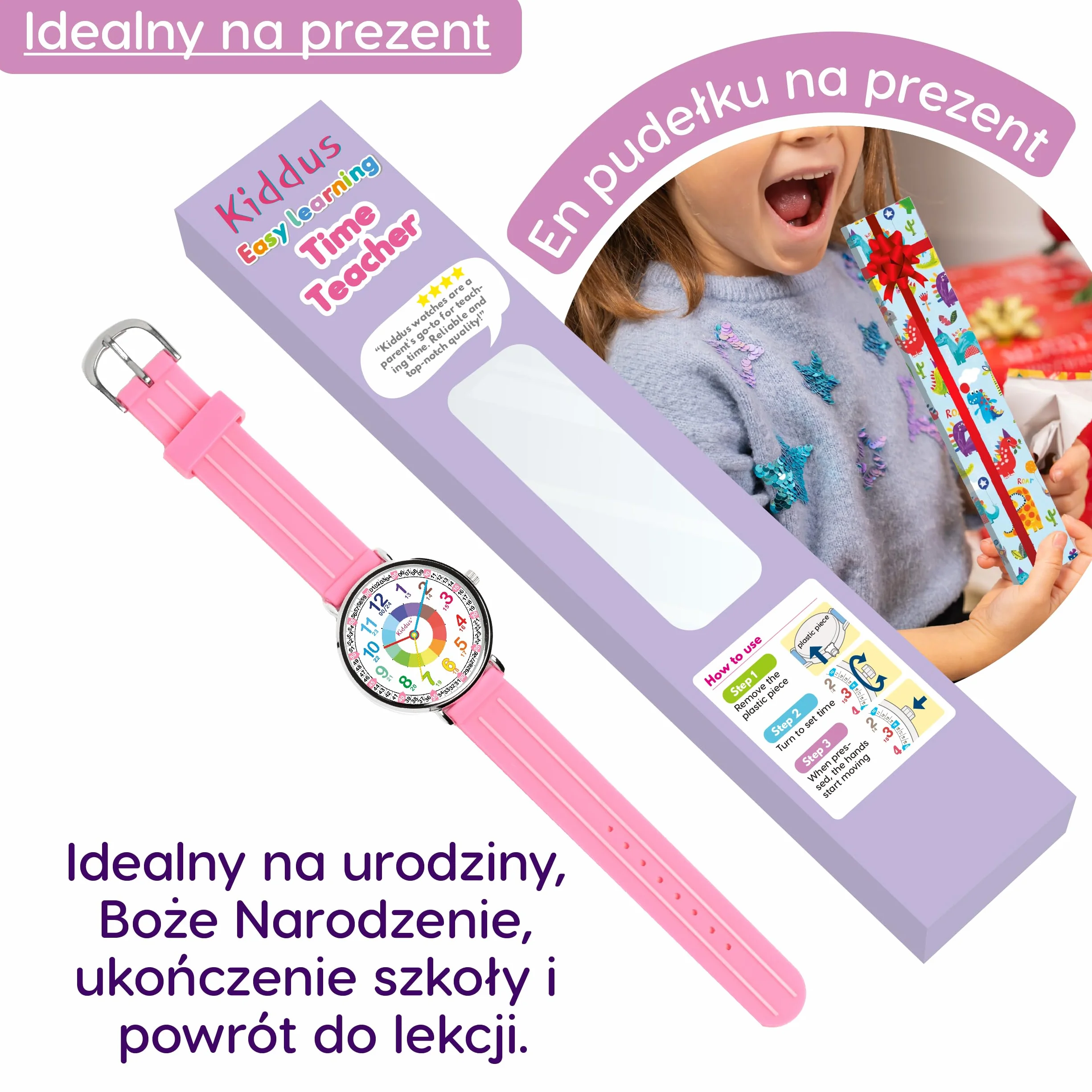 Kiddus Analogowy zegarek edukacyjny dla chłopca, dziewczynki. Naucz się czytać zegar dzięki naszemu łatwemu systemowi Time Teacher, ćwiczenia w zestawie. Zaprojektowany w Barcelonie, ciągnąć