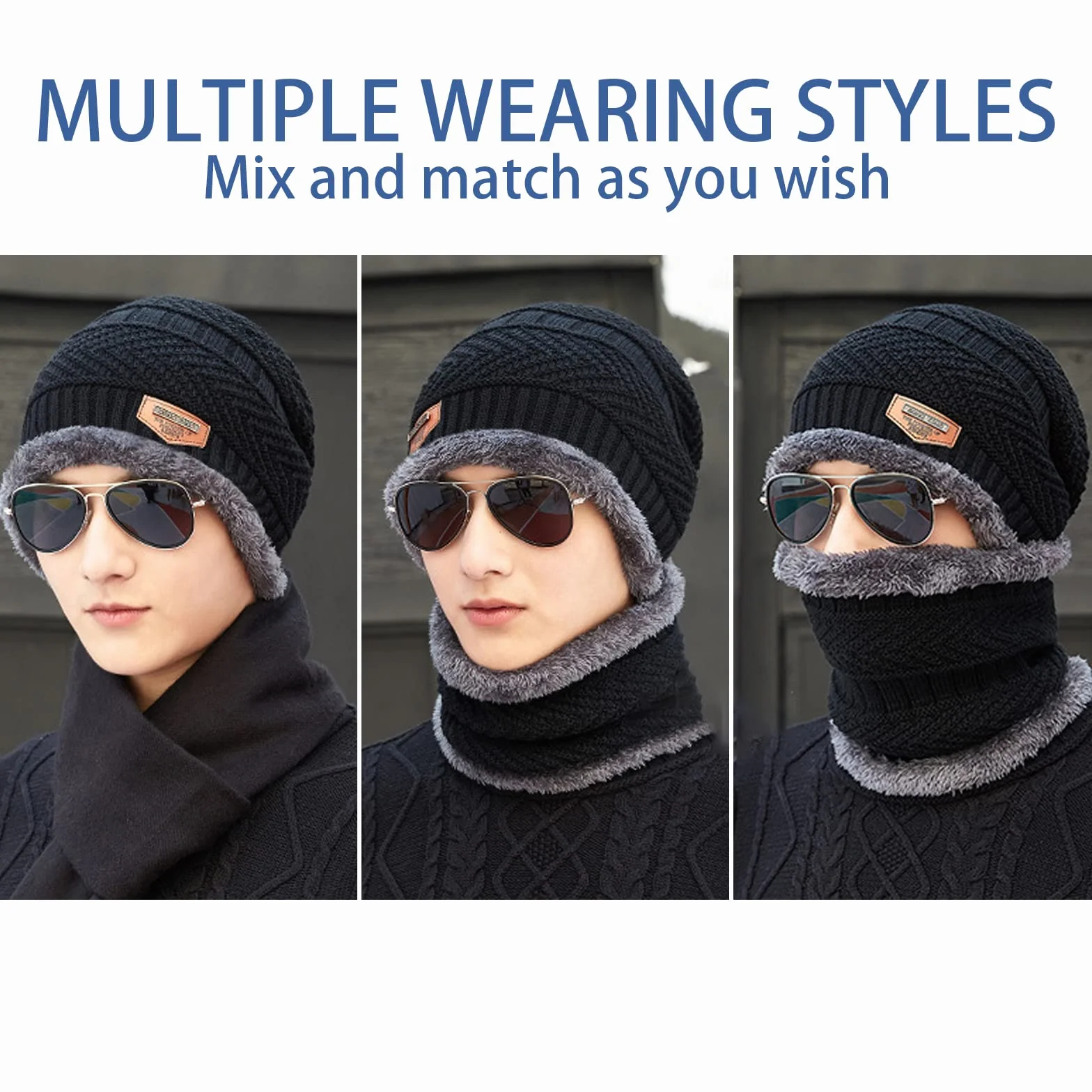 Czapka męska damska zestaw szalików, Beanie męska damska komin szalik chustka na szyję, podszewka polarowa ciepłe czapki pętla szalik czapka dzianinowa czapka wełniana, 2w1 Unisex zimowa