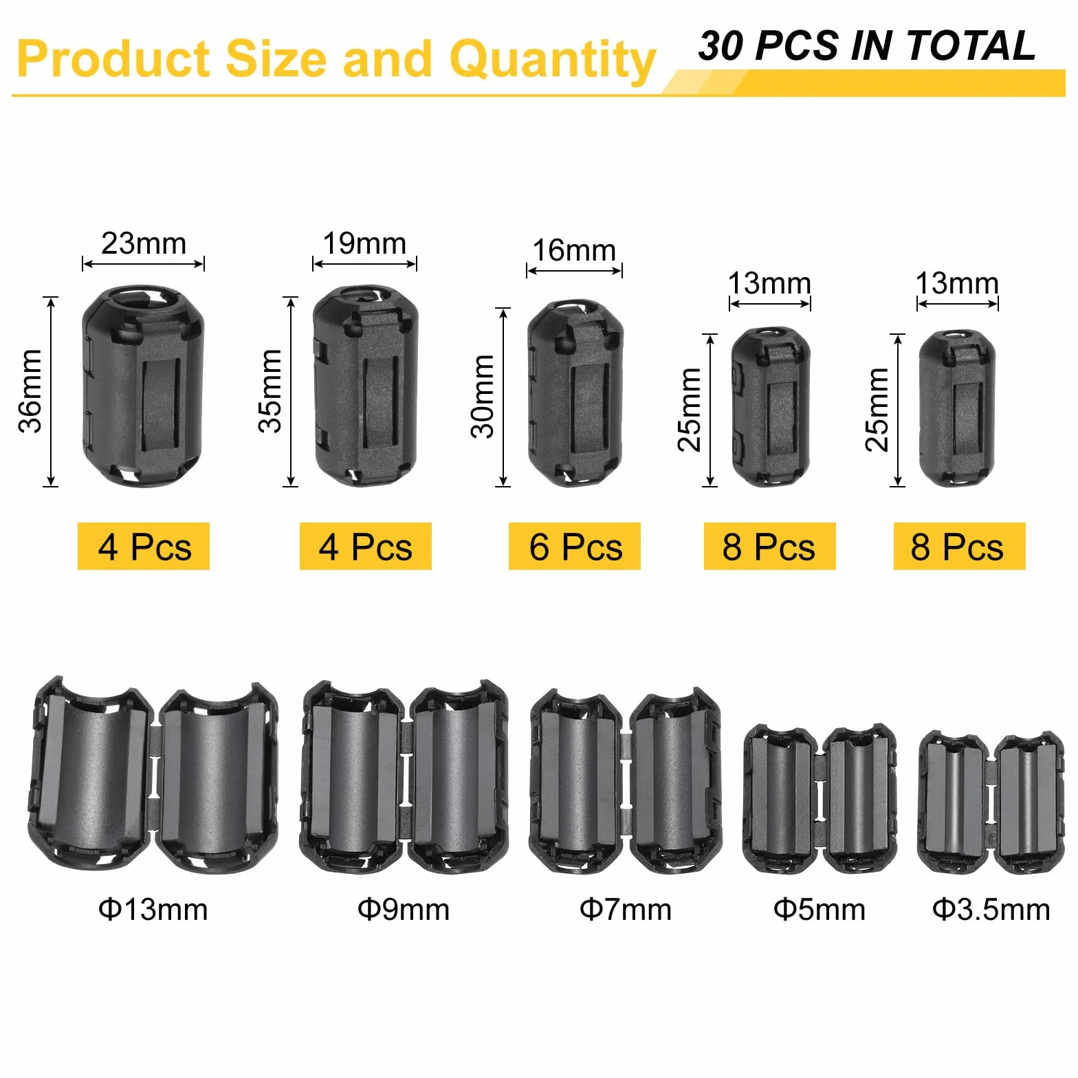 QUARKZMAN 30 sztuk 5 rozmiarów Clip-on Ferrite Ring Core, Zacisk ferrytowy EMI RFI do kabli 3,5 mm/5 mm/7 mm/9 mm/13 mm średnica, czarny