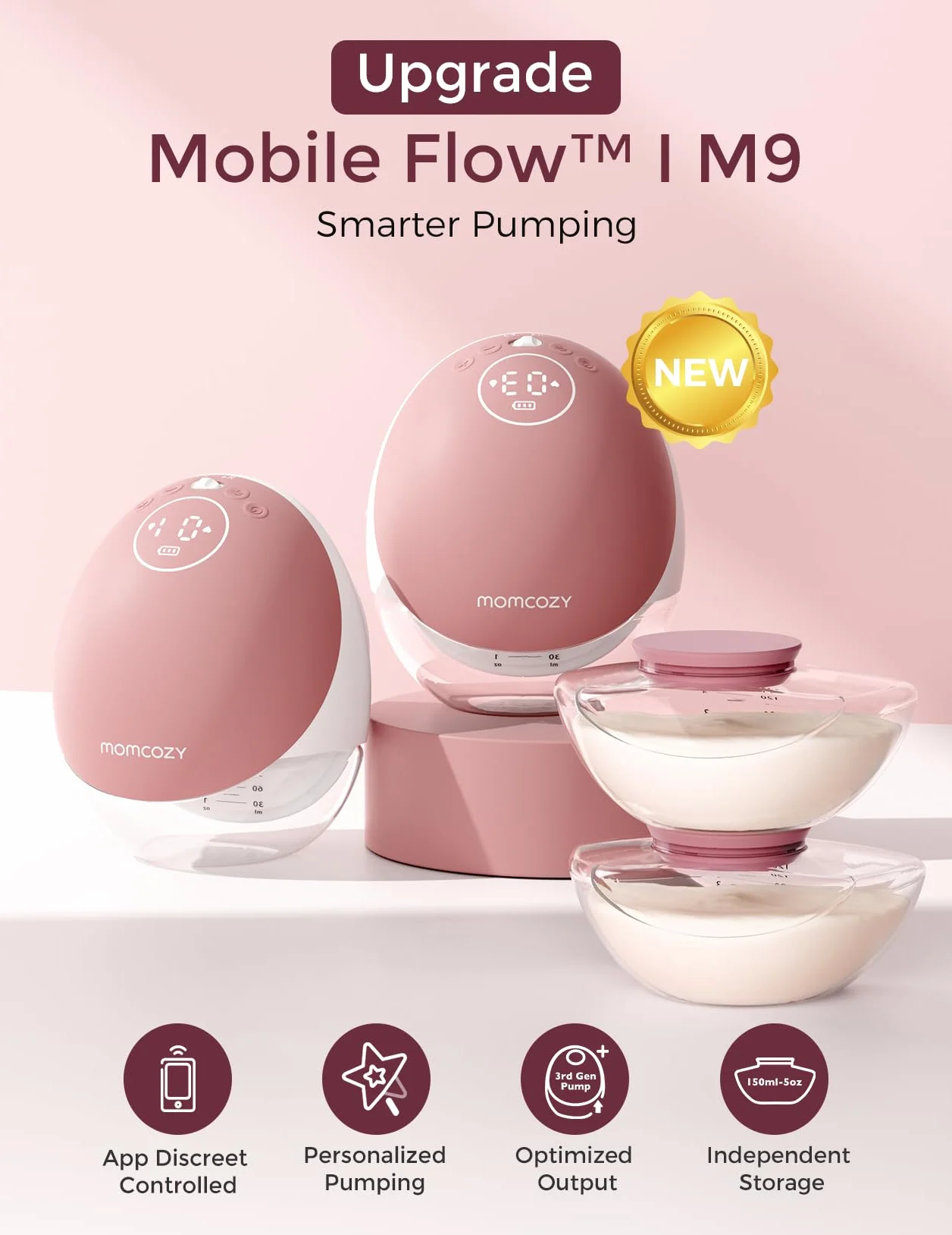 Momcozy Elektryczna Laktator Bezrękawnik Przenośny, Mobile Flow | M9 Ulepszony, Sterowanie przez Aplikację z Trybami Personalizowanymi i 15 Poziomami, Podwójne Uszczelnienie 24 mm (2, Czerwony)