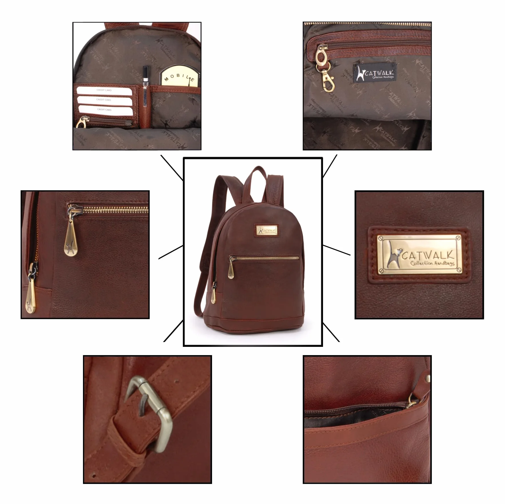Catwalk Collection Handbags - Damski Skórzany Plecak Antykradzieżowy - Duży Plecak na Zamek dla Kobiet - z Wieloma Kieszeniami - Fern - Brązowy