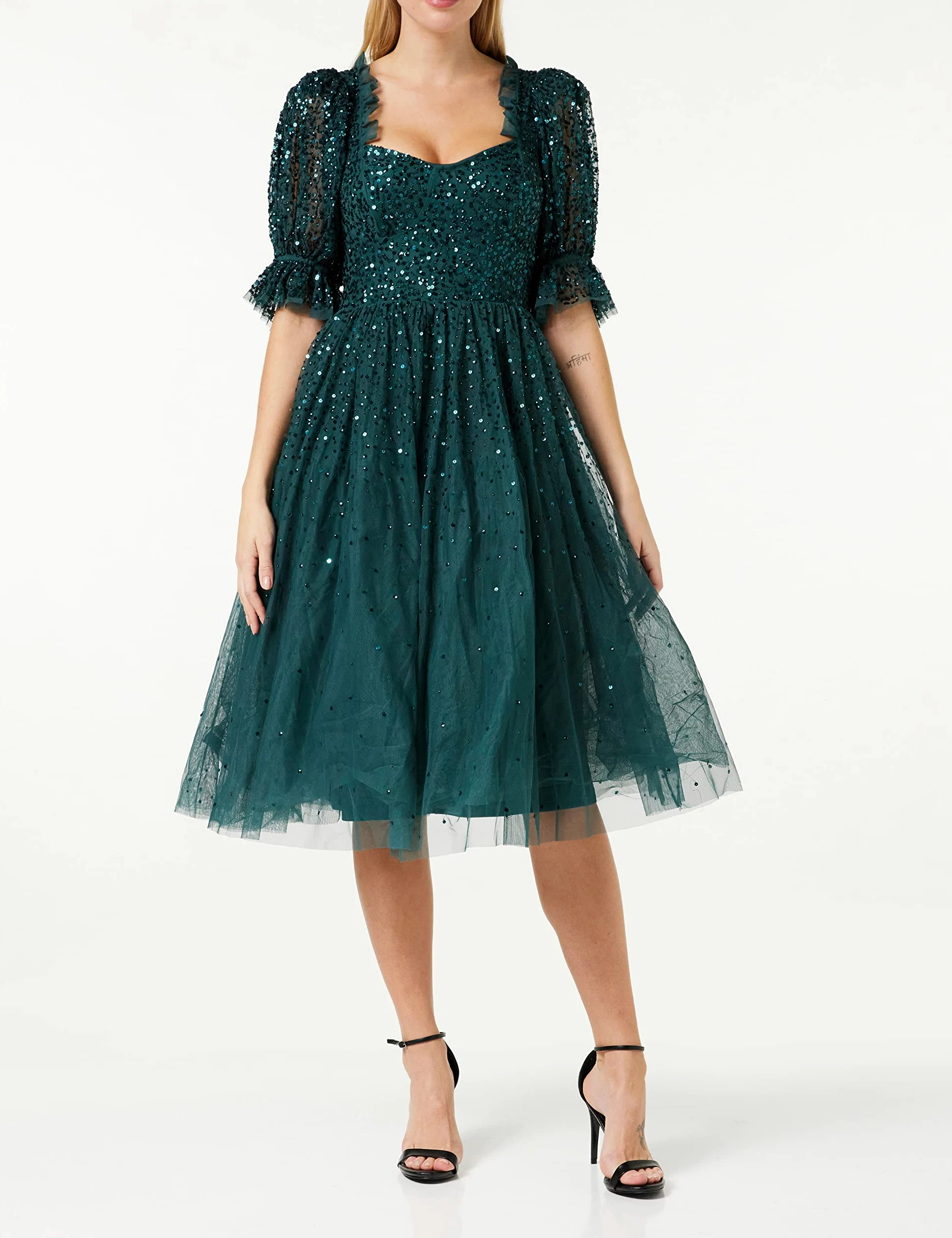 Maya Deluxe Damska sukienka damska midi sequin Embellished Frilly Sweetheart Neckline Puffed Sleeves For Wedding Guest Prom Evening Dress Women, Zielona, 46