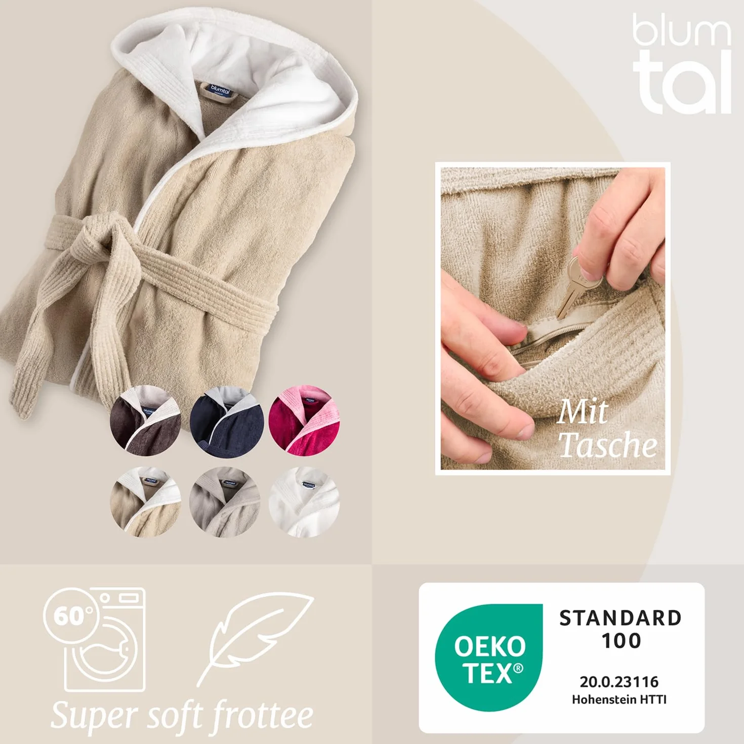 Blumtal Szlafrok dla Kobiet, miękki i przytulny z bawełny z kapturem i aksamitnym wnętrzem z frotty, certyfikat Oeko-Tex® - Parent