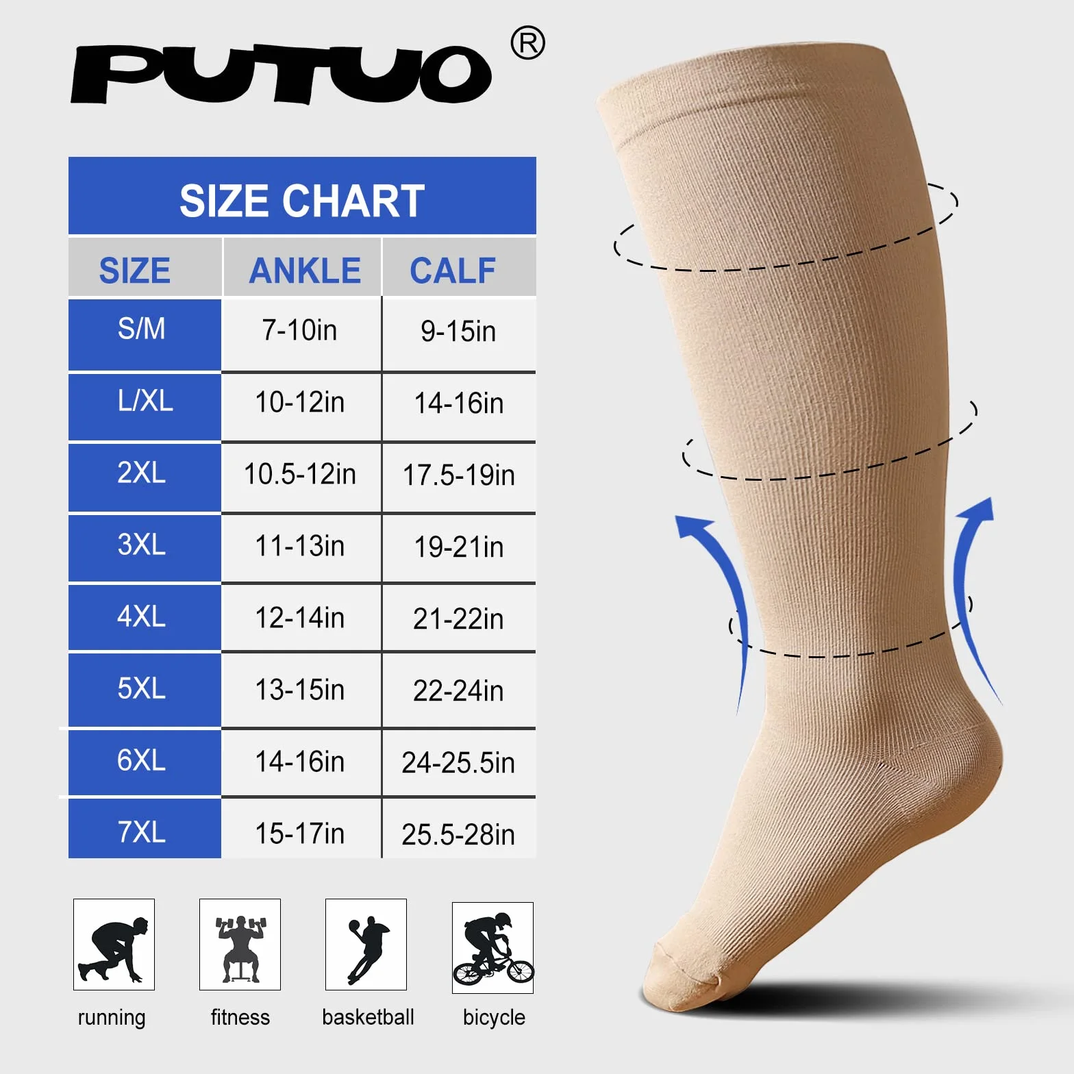PUTUO Szerokie skarpety uciskowe na łydki: plus size stopniowane pończochy uciskowe dla mężczyzn kobiet duże skarpety kompresyjne dla wsparcia podróży samolotem ciąża 20-30 mmHg 3 pary