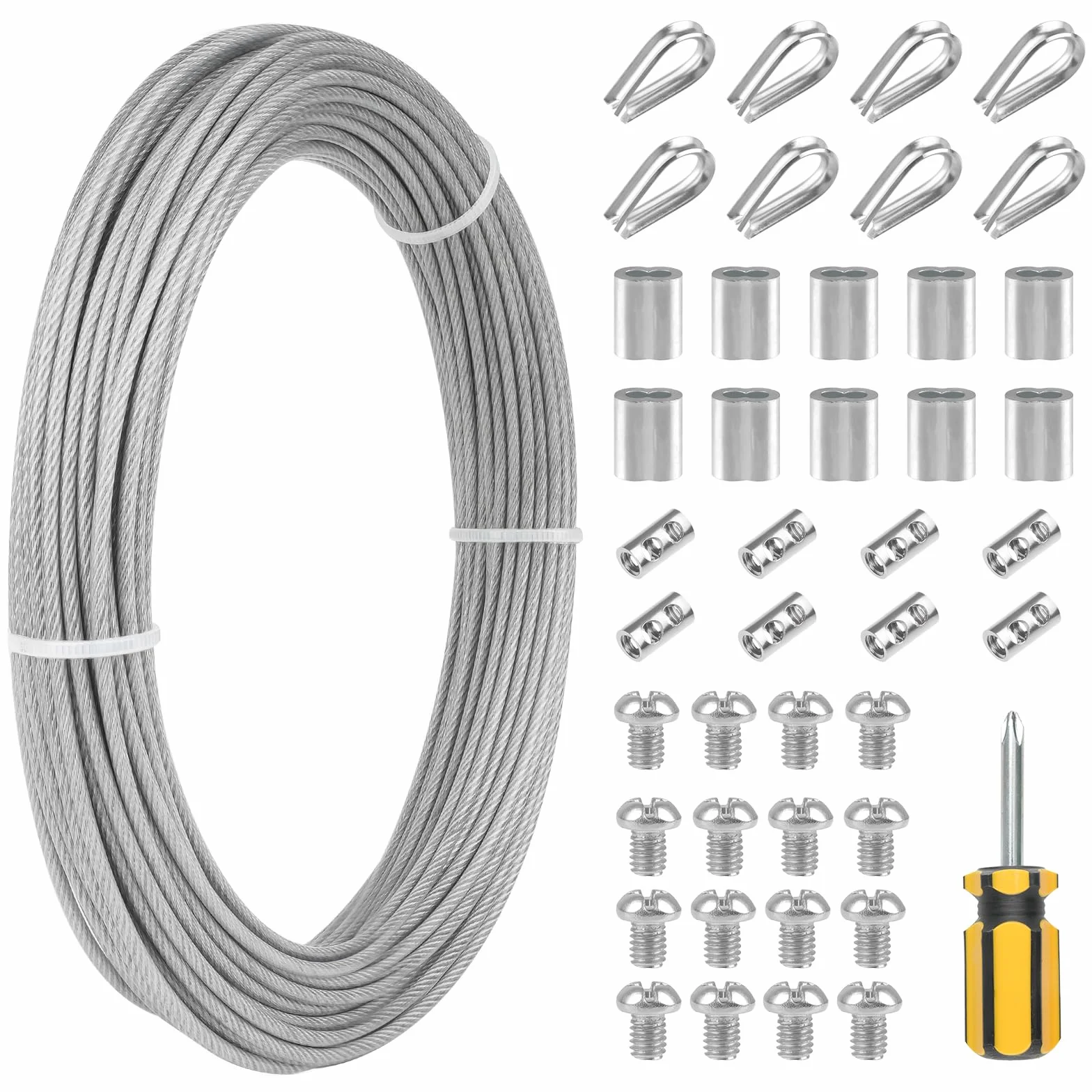 Zestaw linek drucianych do roślin pnących, 20 m x 2 mm, linka stalowa z oczkami i aluminiowymi tulejami, zestaw napinający do sznurków świetlnych, linek do firanek, roślin pnących, liny prysznicowej