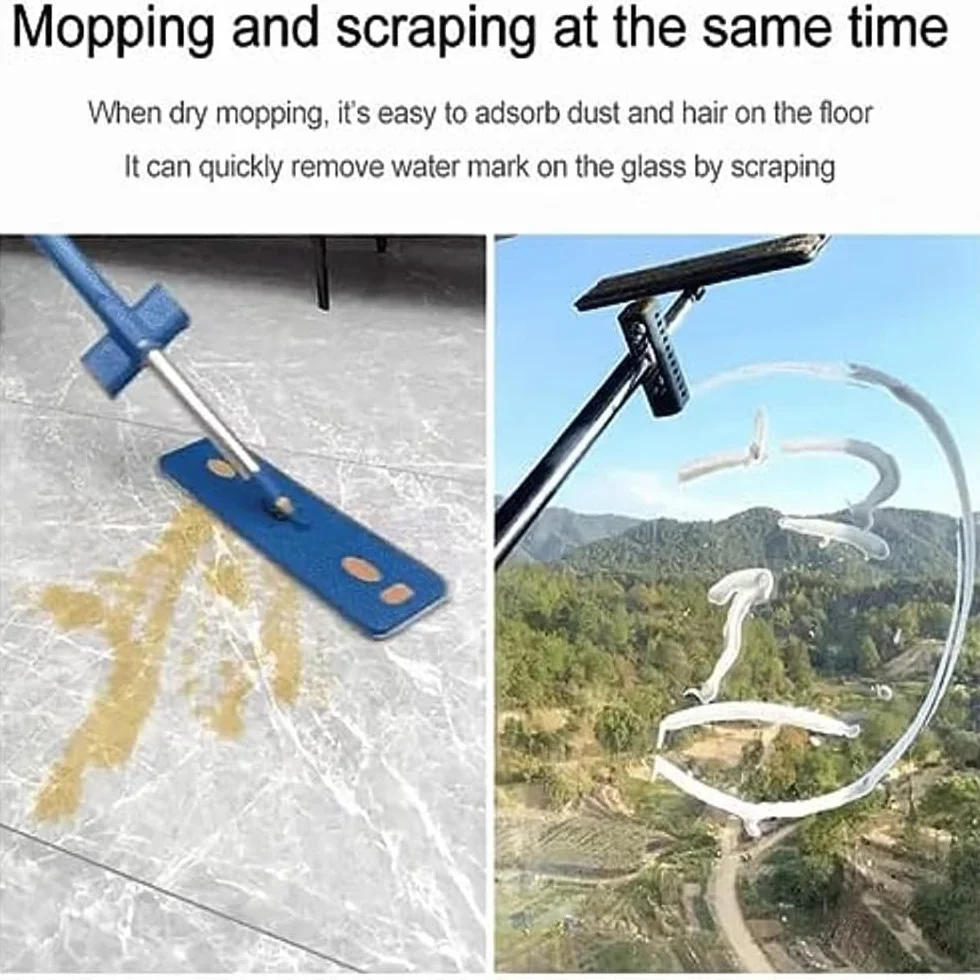 Pure Clean Magic Mop, duży płaski mop z funkcją wykręcania i wkładkami z mikrofibry wielokrotnego użytku, zestaw do mycia podłogi Pure Clean (składany pojemnik na mop, niebieski)