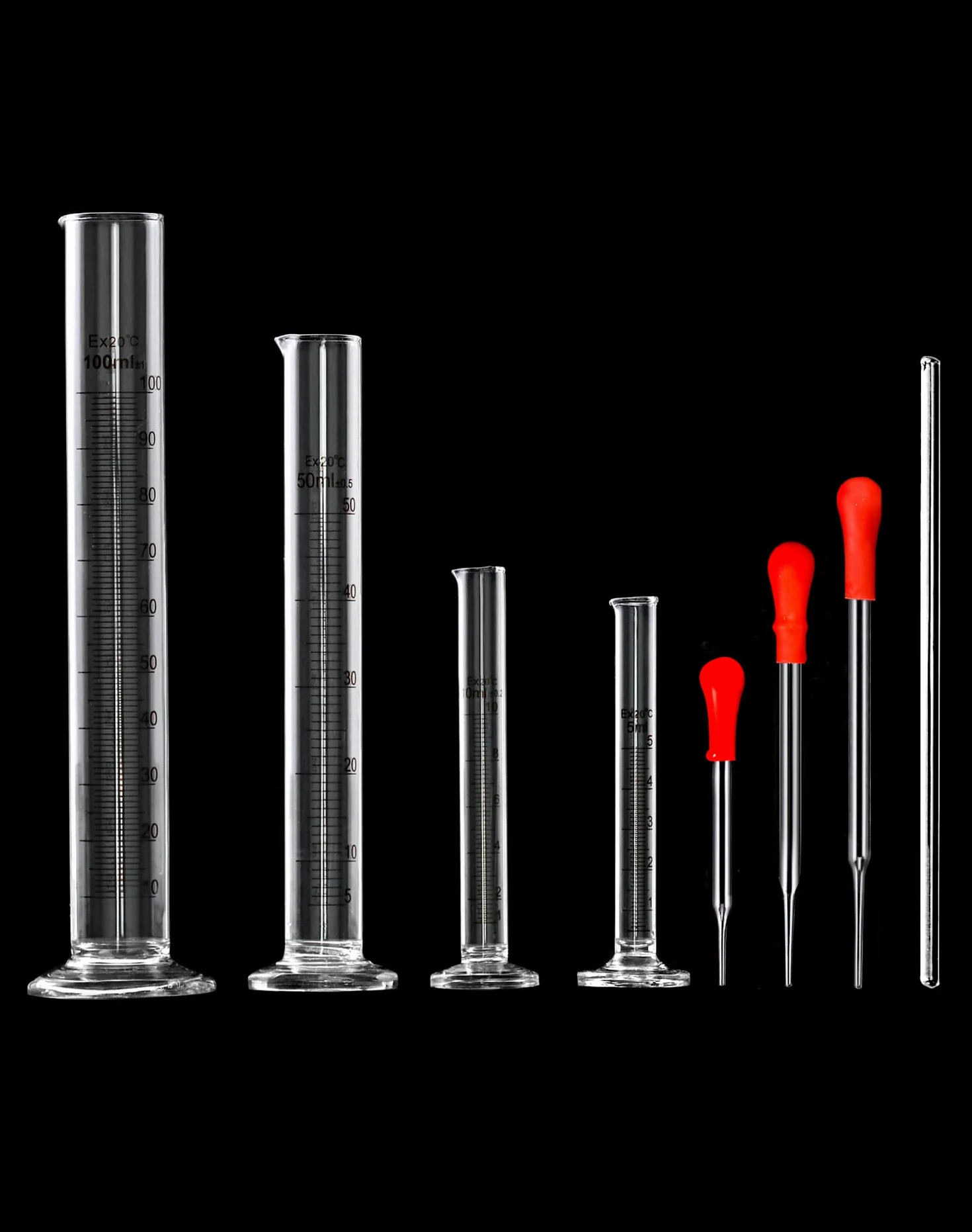 QWORK® 4 szt. Szklany cylinder z podziałką, 5 ml/10 ml/50 ml/100 ml, z 3 szt. szklanych pipet, 2 szt. Szczotka do probówek, 1 szt. Szklany pręt do mieszania