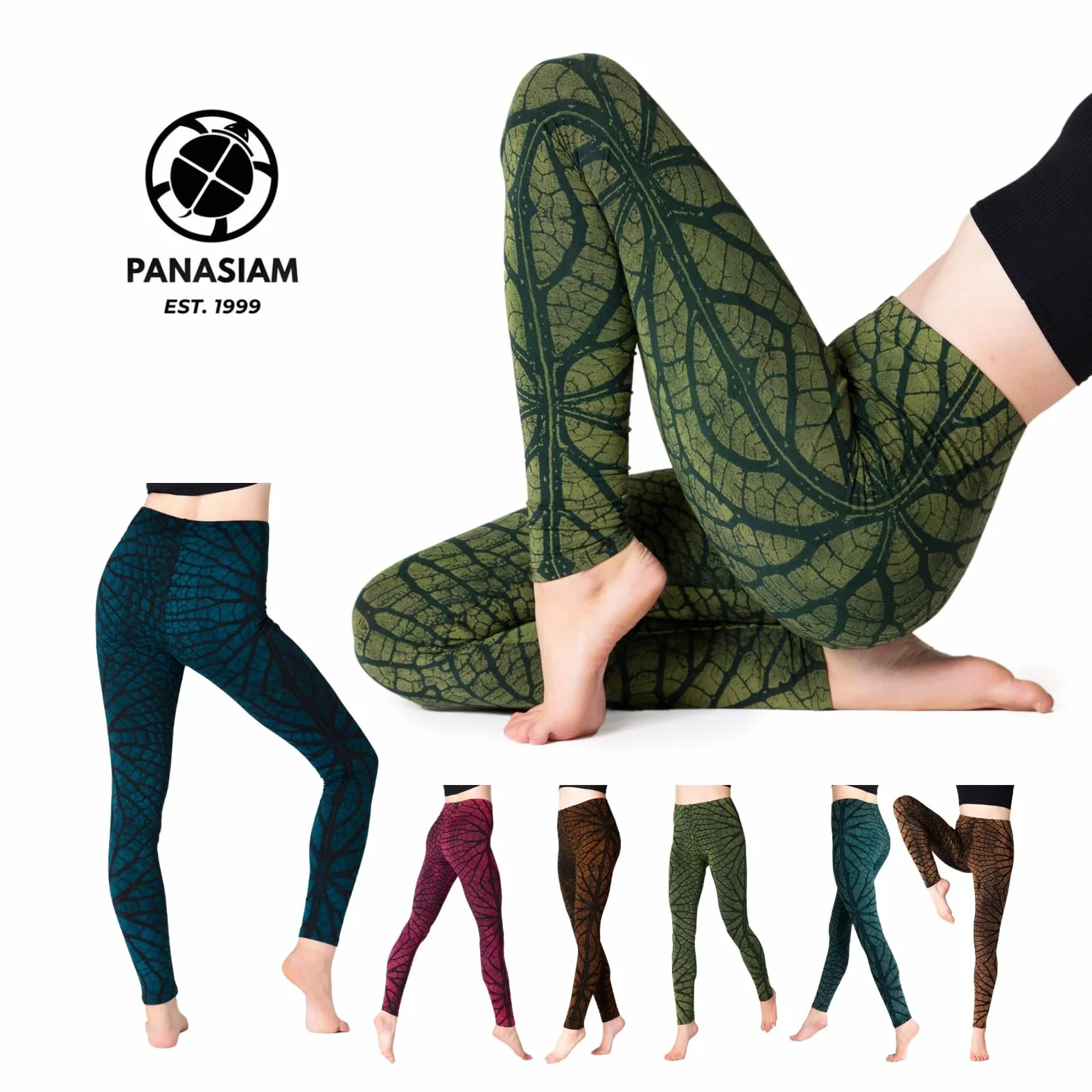 PANASIAM Batik Leggings Liści damskie - legginsy ze strukturą liścia - Do jogi, sportowe, fitnessu - naturalny materiał - wygodny - sportowy - modny