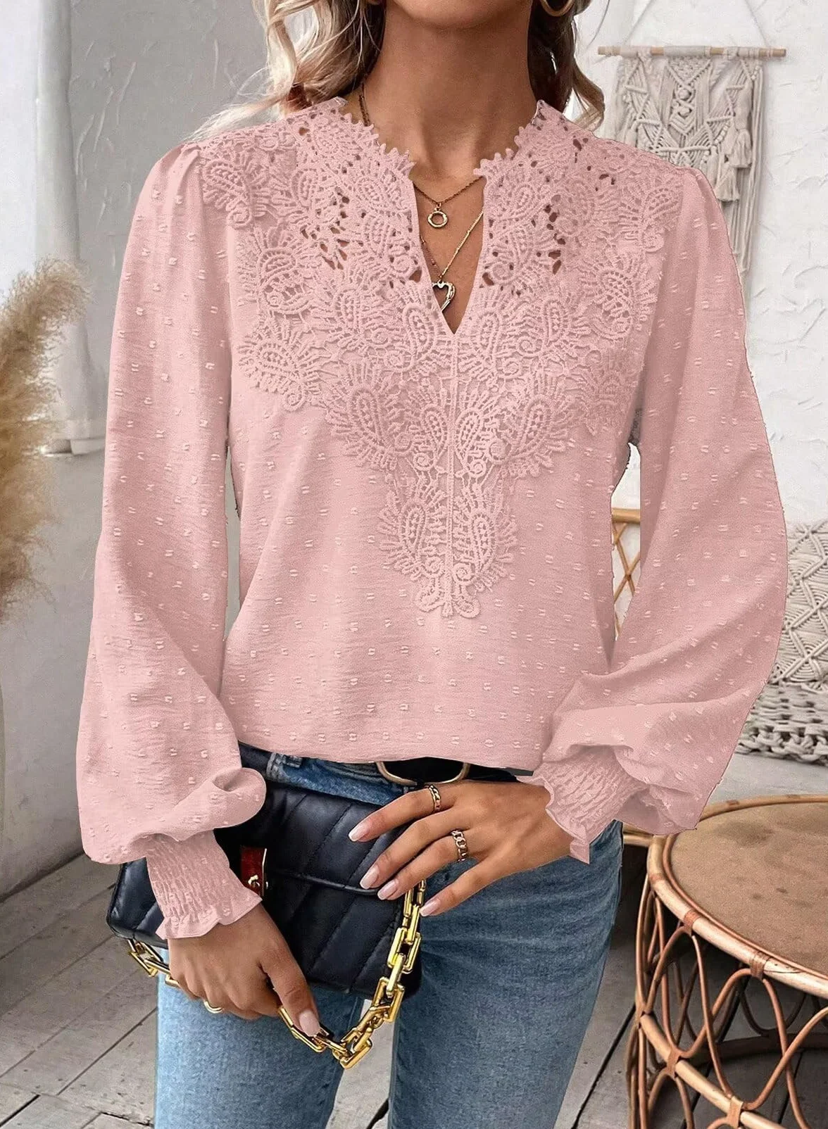 Elegancka Koszulka Damska Długim Rękawem Koszulki Dekoltem W Serek Jesień Boho Casual Falbany Koszula Odzież Top