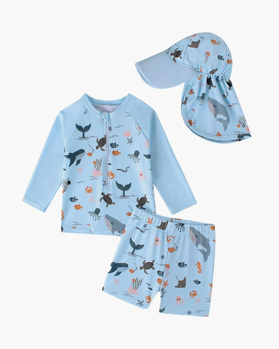 JiAmy Rash Guard strój kąpielowy dla małych chłopców, strój kąpielowy z długim rękawem z kapeluszem przeciwsłonecznym 6M do 4Y