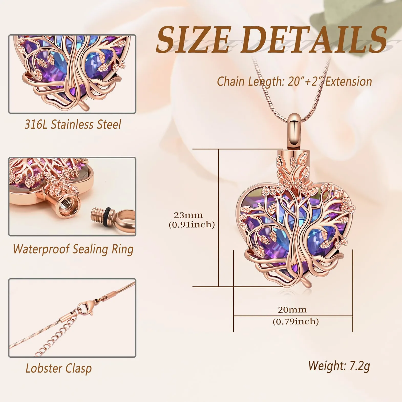 Minicremation Urna Naszyjnik na popiół Drzewo Życia Birthstone Serce Wisiorek Kremacja Keepsake Memorial Pogrzeb Naszyjnik Biżuteria Prezenty dla Kobiet Żony Matki
