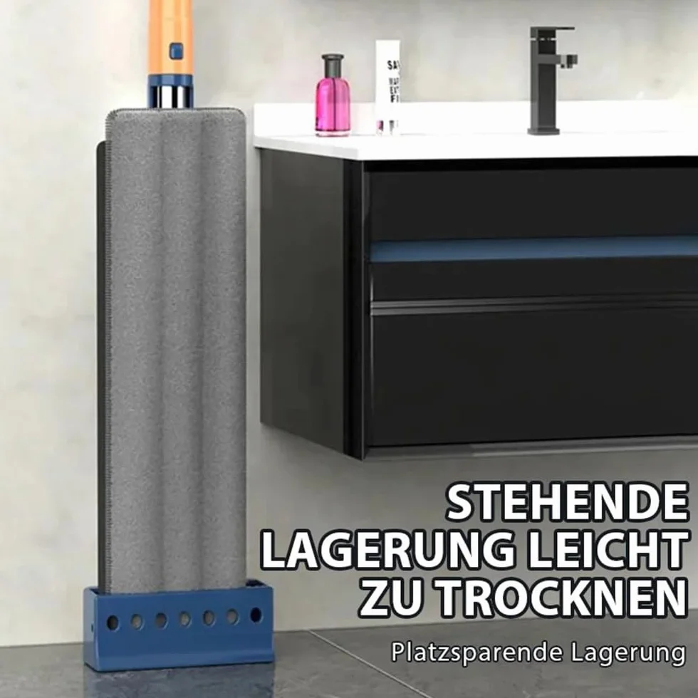 Pure Clean Magic Mop, duży płaski mop z funkcją wykręcania i wkładkami z mikrofibry wielokrotnego użytku, zestaw do mycia podłogi Pure Clean (składany pojemnik na mop, niebieski)