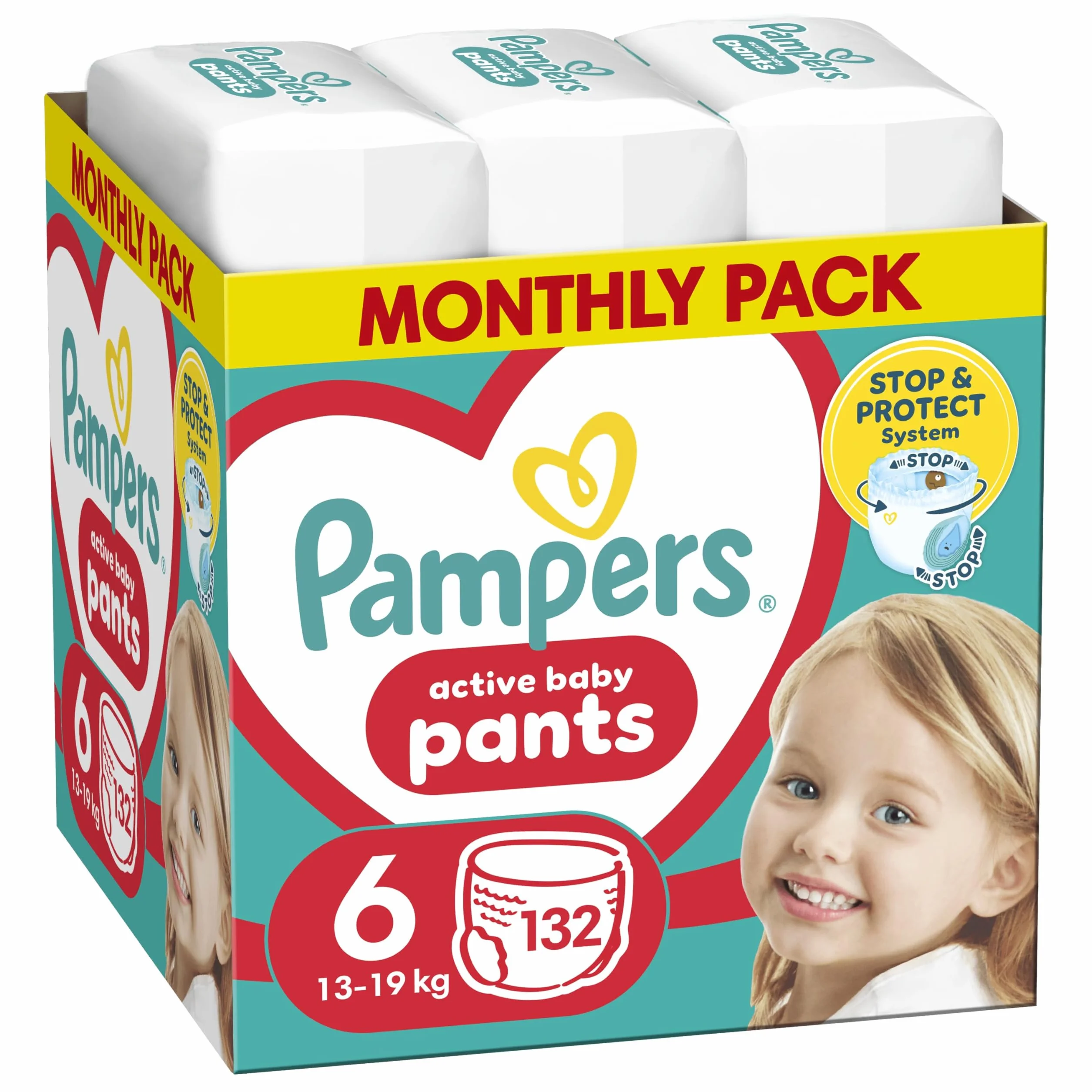 Pieluchomajtki Pampers Active Baby, rozmiar 6, pieluszki 132, 13kg-19kg