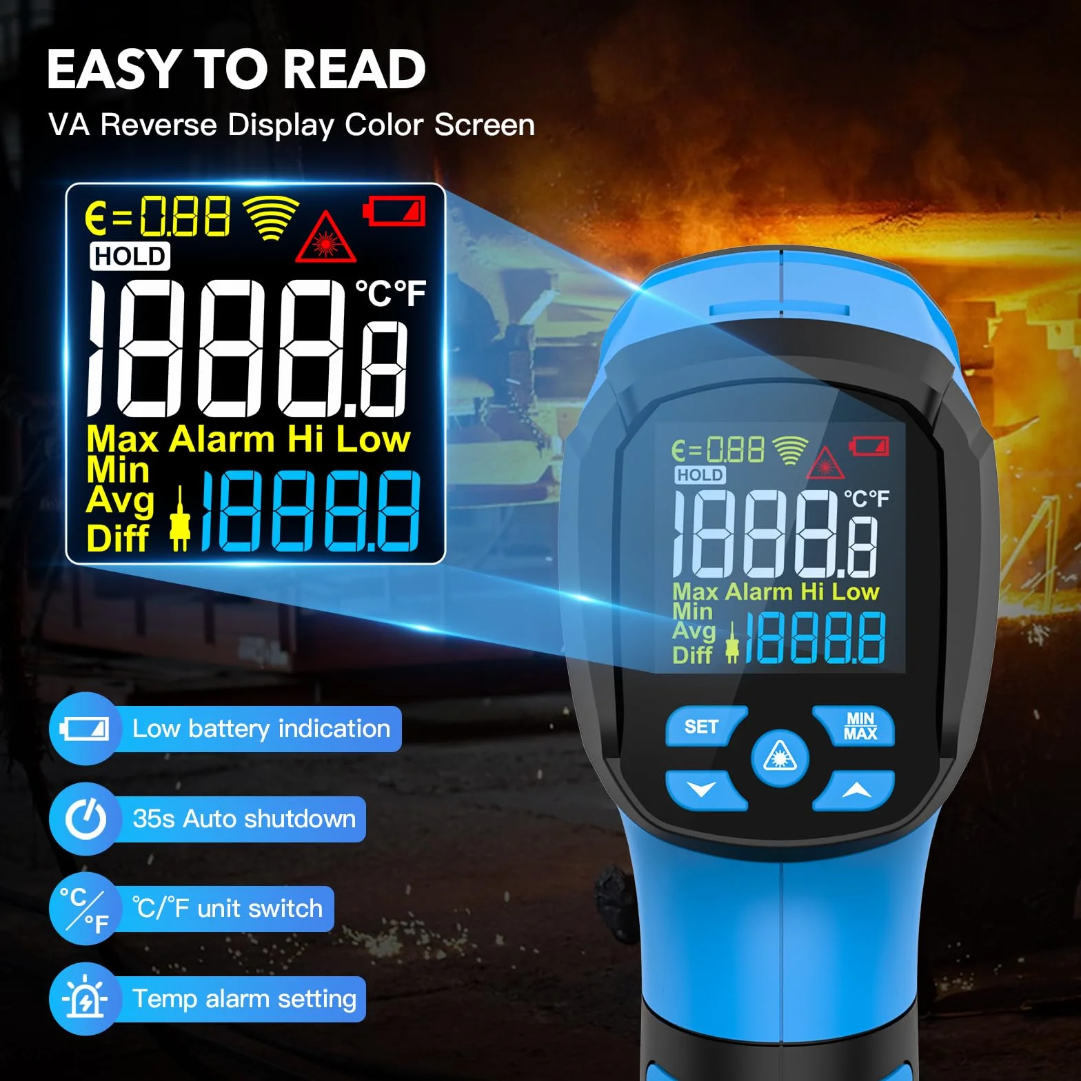 Termometru na Podczerwień Pirometr MESTEK 50:1 Pistolet Temperaturowy, -40℃ do 1600℃ Termometr Laserowy z Kolorowym LCD do Przemysłowego Wytopu Metali Kucia HVAC,Regulowana Emisyjność