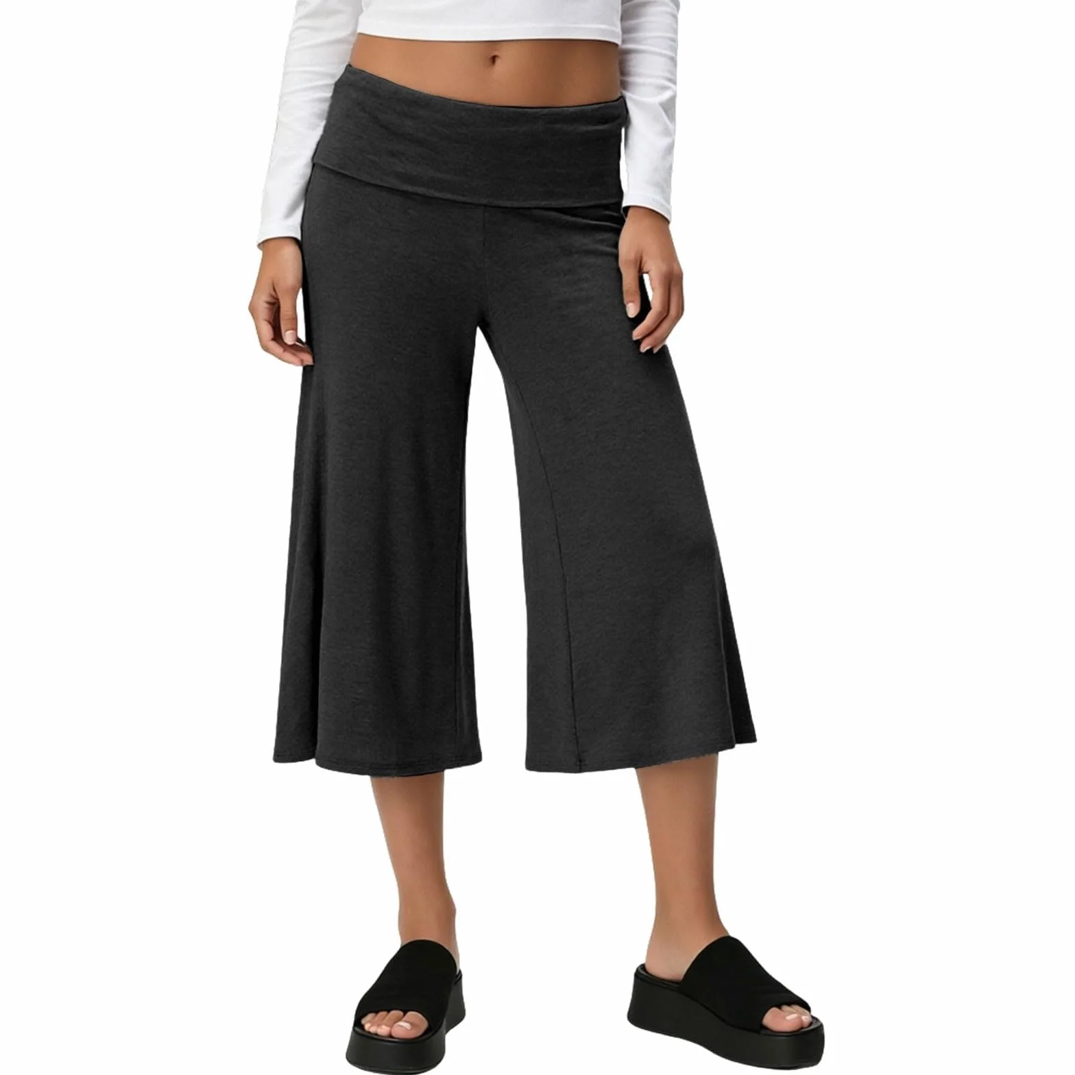 Gaucho spodnie damskie składane przycięte spodnie capri rozciągliwe niski stan szerokie nogawki joga palazzo zwiewne spodnie culotte casual luźne spodnie capri
