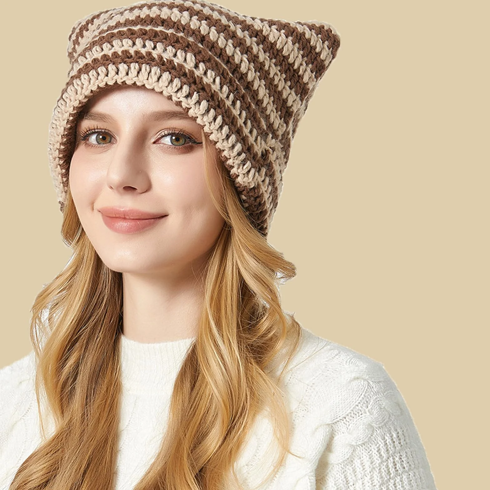 JAWAI Czapka z uszami kota Y2k Cat Beanie dzianina beżowy curry 56-58 cm