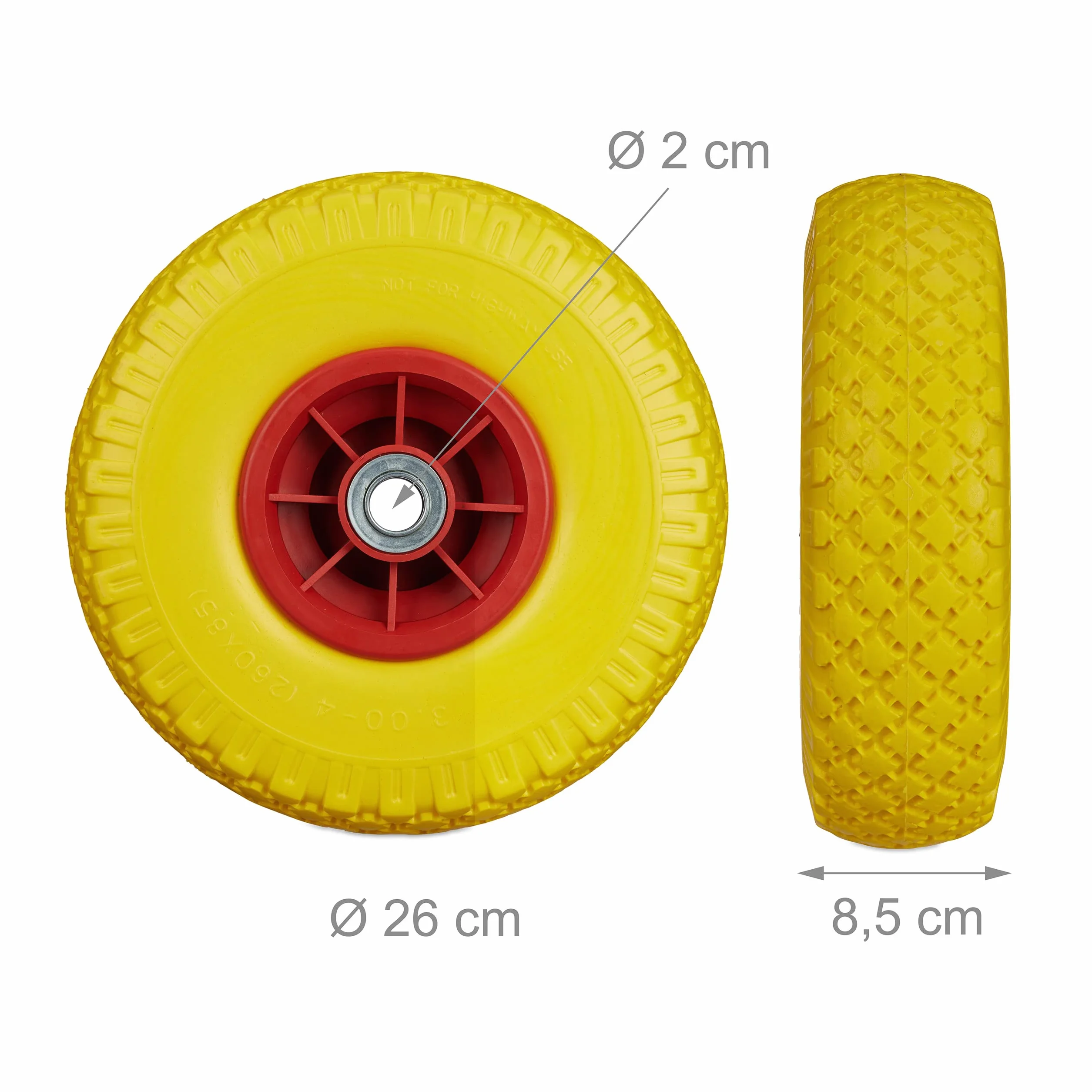 Relaxdays 2 x koło do wózka transportowego, odporne na przebicie, opony z pełnej gumy, 3,00-4", oś 20 mm, do 80 kg, 260 x 85 mm, żółto-czerwone