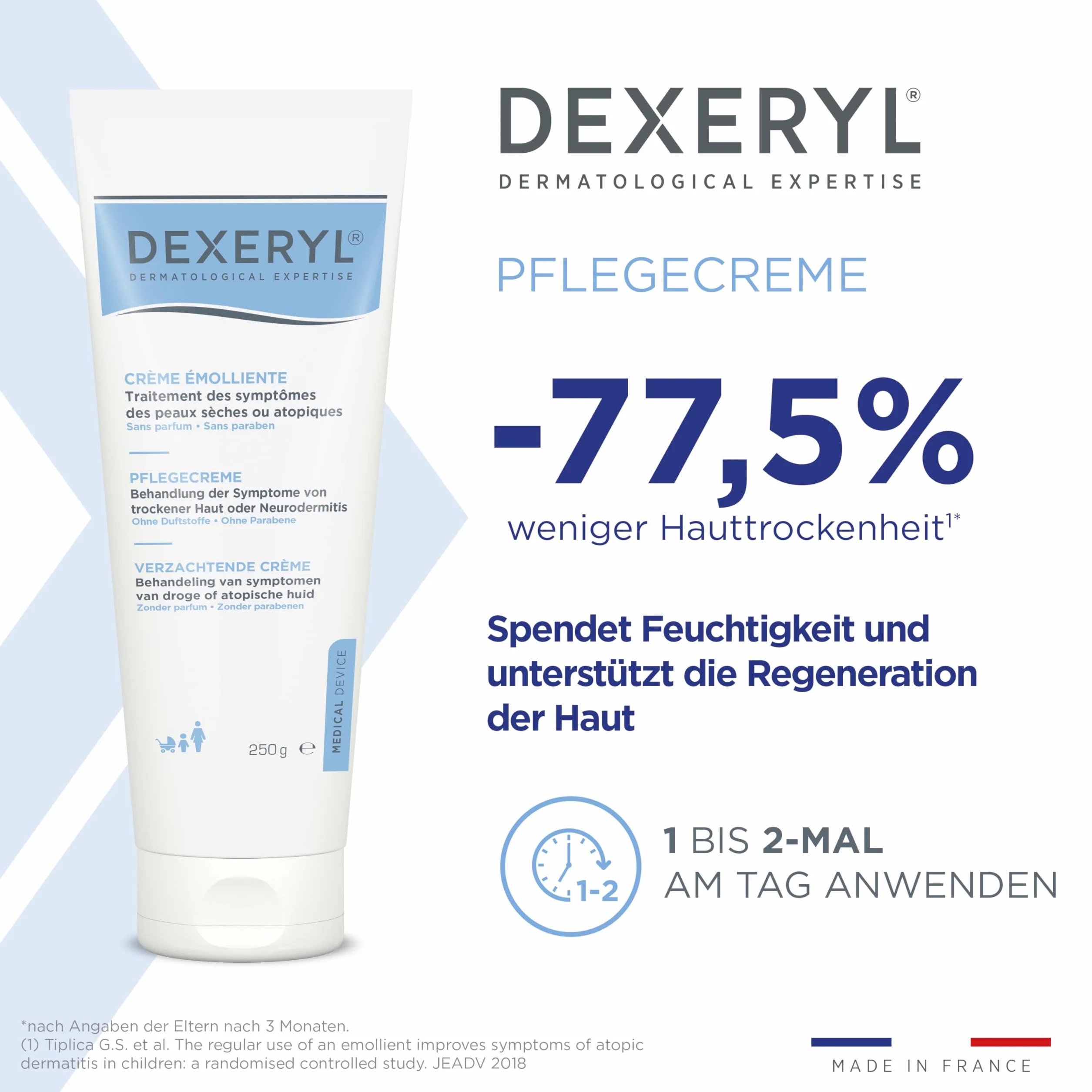 Dexeryl Krem 250 g: pielęgnacja i ochrona suchej skóry, w szczególności w przypadku różnych chorób skóry, takich jak atopowe zapalenie skóry. Nie zawiera perfum i parabenów