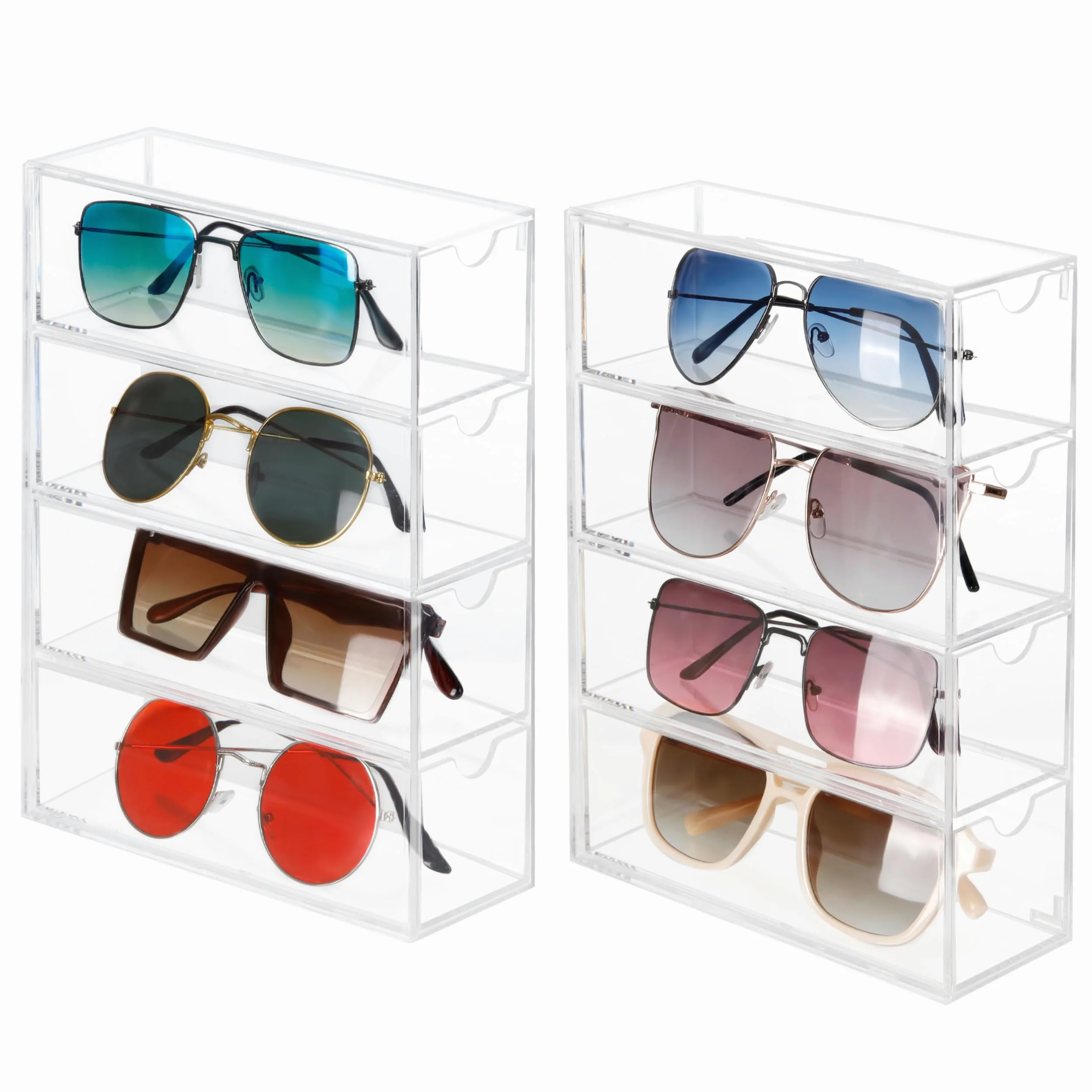 Winter Shore Organizer na Okulary z Akrylu z 4 Szufladami [Zestaw 2szt.] - Przezroczysty Pojemnik na Okulary, Okulary Przeciwsłoneczne i Akcesoria - Zestaw 2 Stosowalnych Organizerów na 8 Par Okularów