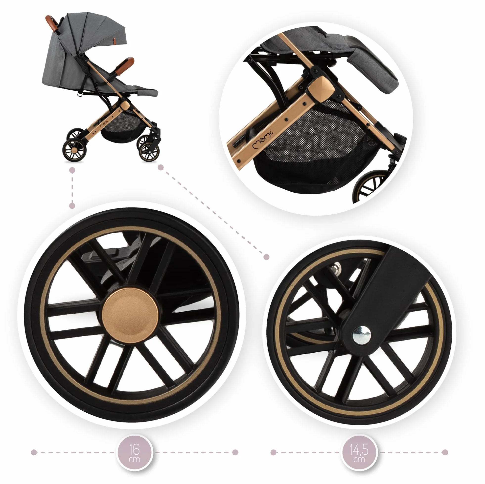 MOMI ESTELLE wózek dziecięcy dla dzieci od 6 miesięcy, do maks. wagi ciała 15 kg, składany do wymiarów 65 x 51 x 21 cm, waga 7,5 kg, 5-punktowy pas bezpieczeństwa, walizka, szaro-złoty