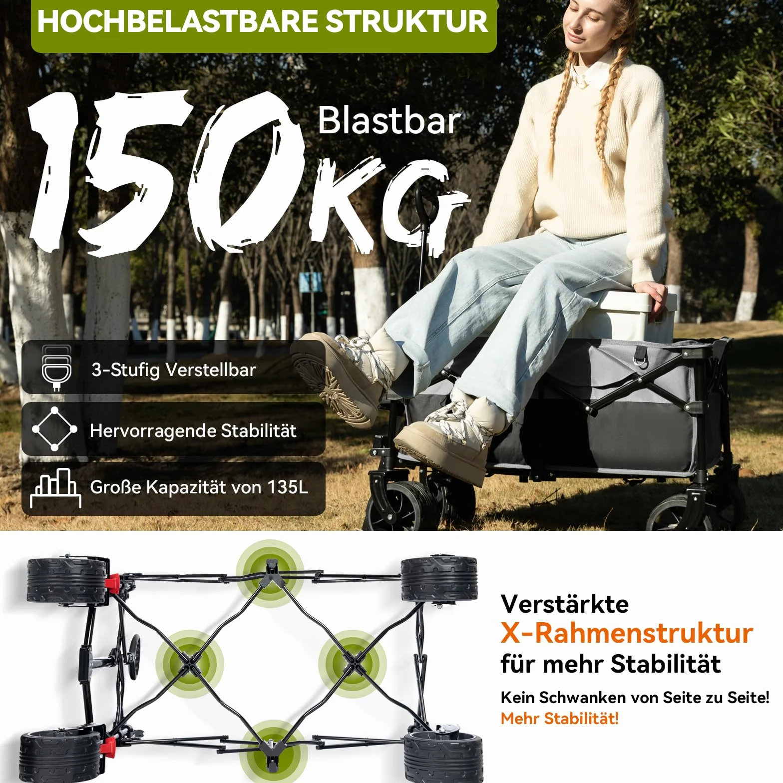 HIKENTURE Składany wózek transportowy, 135 l, obciążenie 150 kg, wózek transportowy składany z szerokimi oponami, składany wózek ręczny z hamulcami, wózek na zakupy, kolor czarno-szary