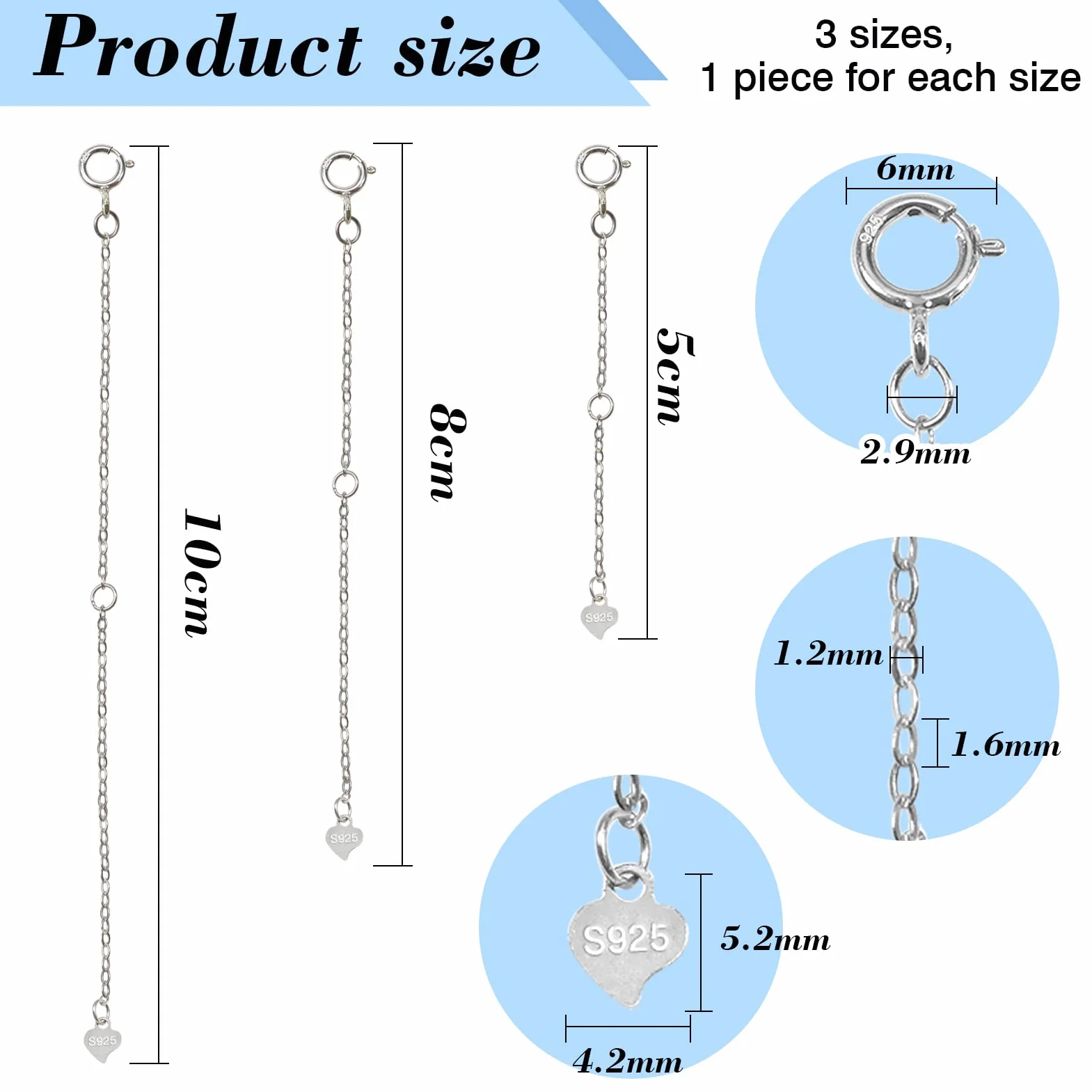 TOAOB 3 szt. srebrny łańcuszek przedłużający 925, srebrny łańcuszek przedłużający 5cm, 8cm, 10cm, okrągłe zapięcia na karabińczyki, okrągłe i kształt serca, koraliki do tworzenia biżuterii