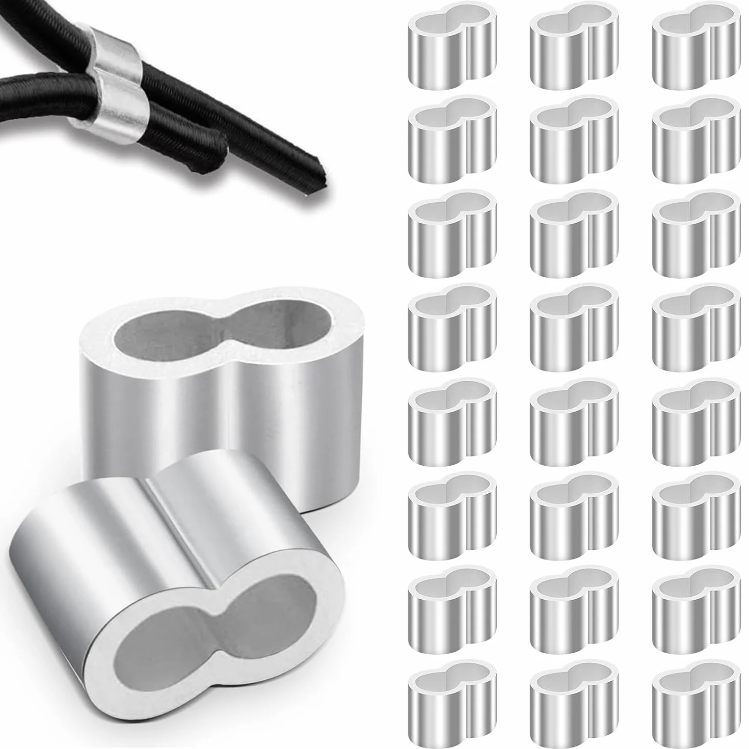 50 sztuk tulejek aluminiowych, zacisków zaciskowych aluminiowych, pętli zaciskowej 5 mm, zaciski zaciskowe, zaciski linowe, podwójne tulejki, nierdzewne, do liny ekspanderowej, liny do plandek, liny