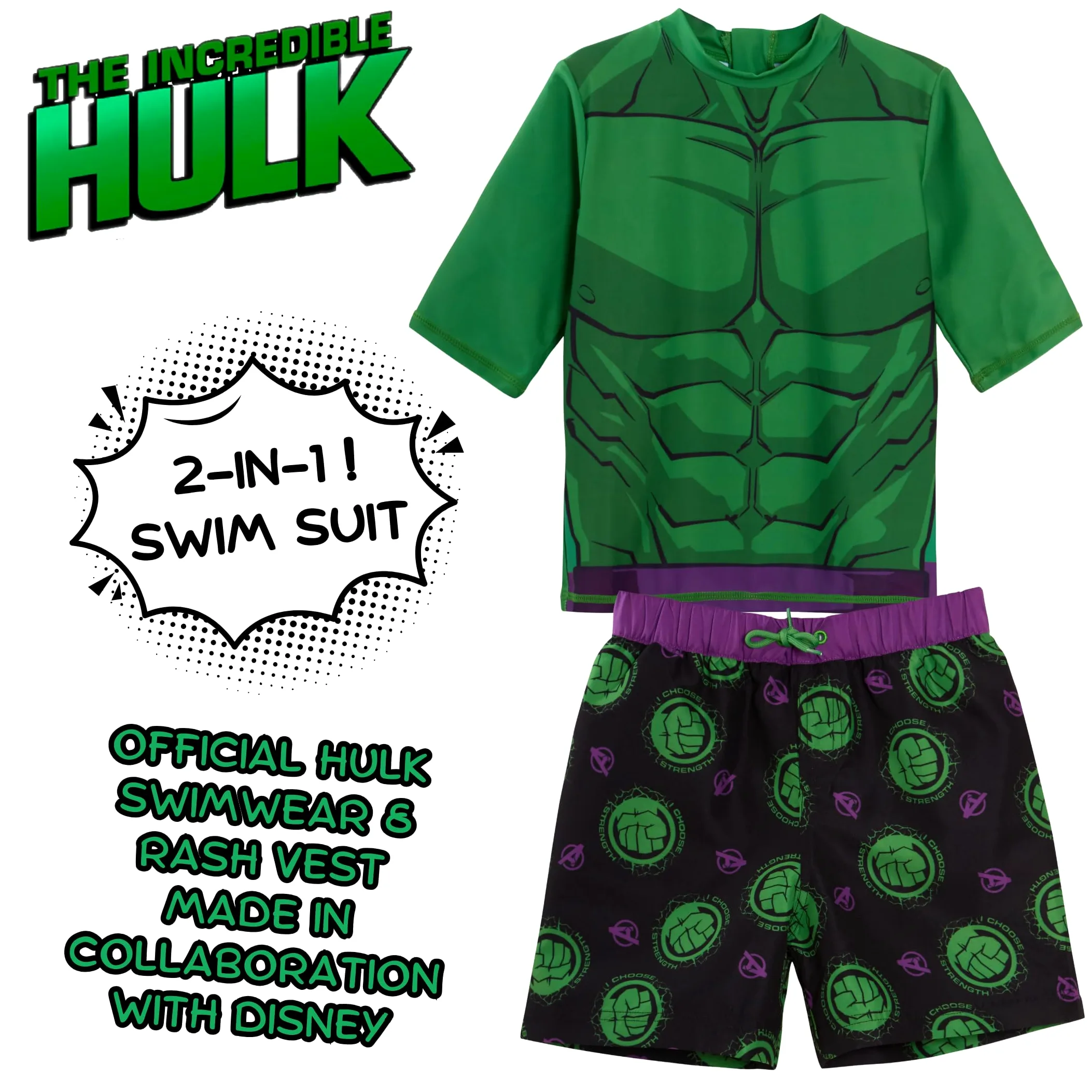 Marvel Niesamowite szorty kąpielowe Hulk + kamizelka typu Rash, 2-częściowy zestaw kąpielowy, top surfingowy + szorty