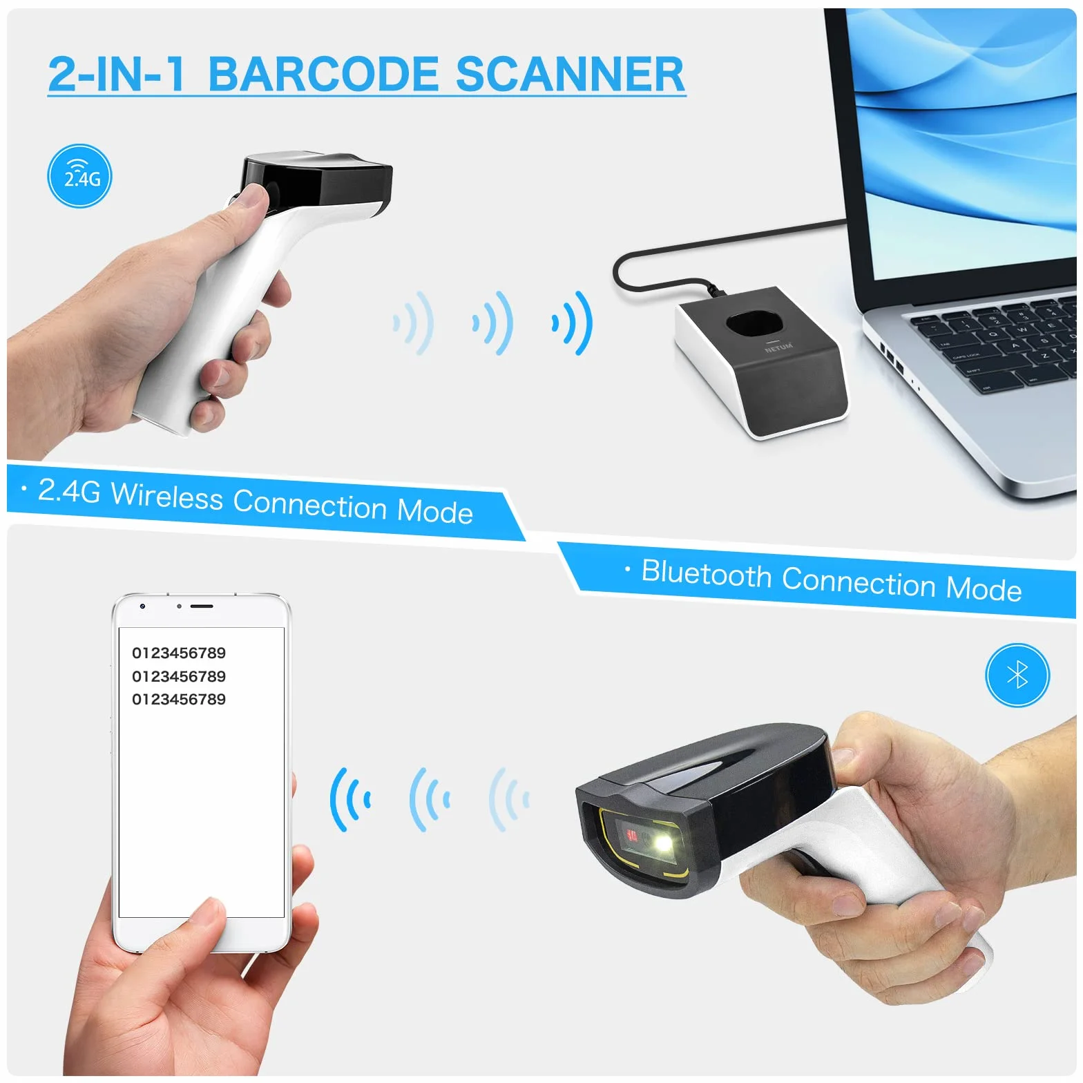 NETUM Bezprzewodowy skaner kodów kreskowych 2D Bluetooth z podstawką ładującą, bez użycia rąk, automatyczny czytnik kodów kreskowych 1D 2D QR pdf417, działa z MAC OS, Windows, iOS, Android - DS7500