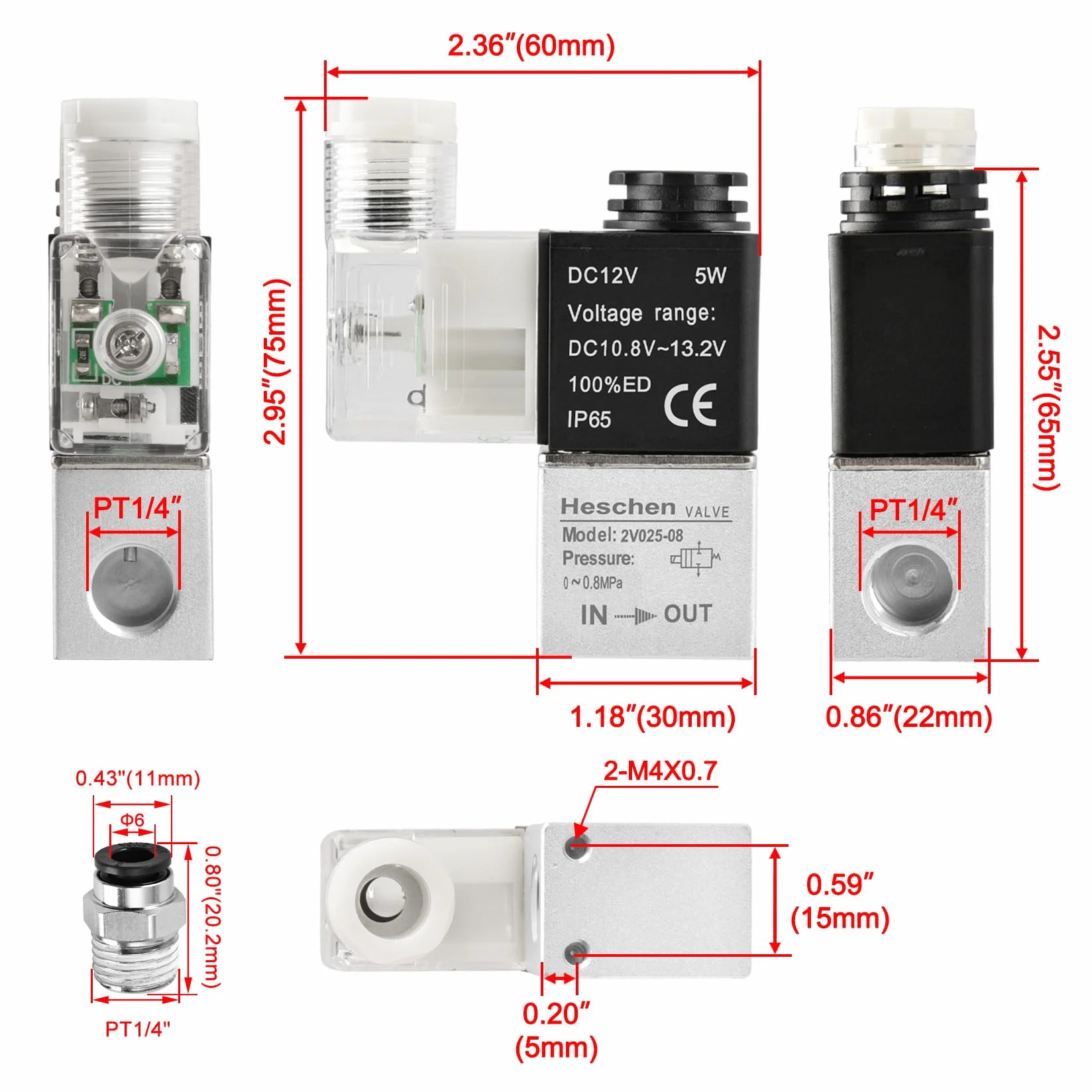 Heschen elektryczny pneumatyczny zawór elektromagnetyczny 2V025-08 12 VDC PT1/4 2/2 drożny normalnie zamknięty IP65 CE