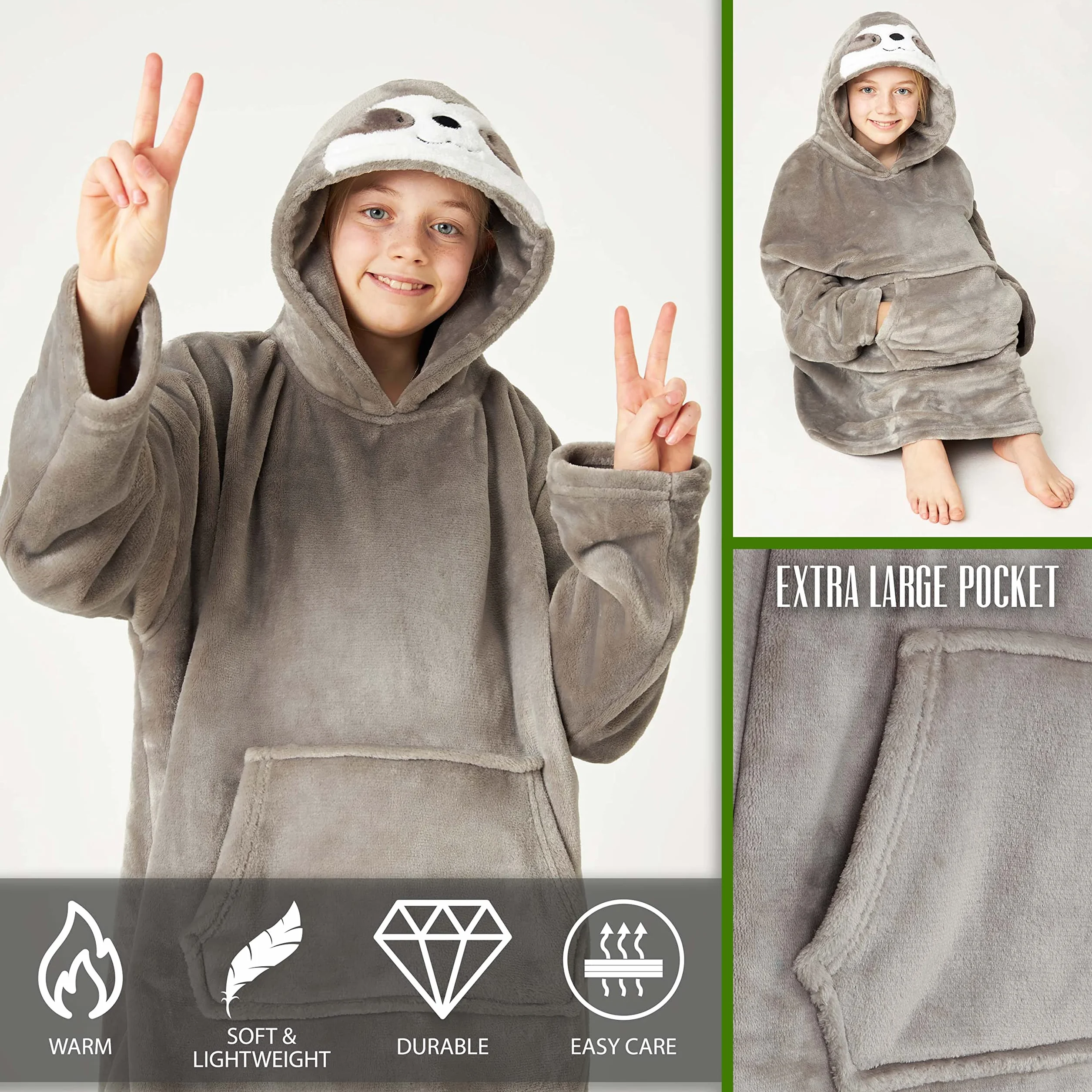 CityComfort Bluza z kapturem dla dziewcząt i nastolatków, koc z nadrukiem leniwca, polar do noszenia, ciepła bluza oversize z kapturem w kamuflażu z wygodnym kapturem Sherpa, odzież domowa, prezenty