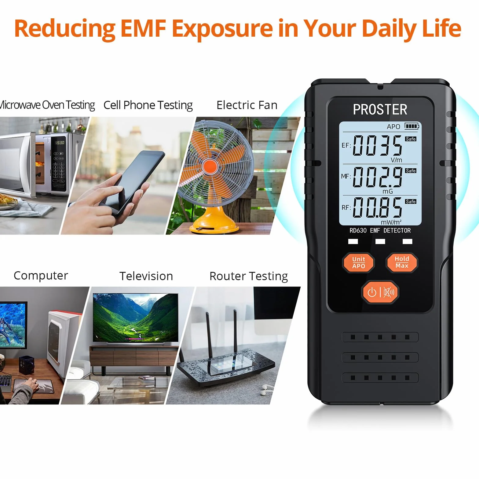 Proster EMF cyfrowy detektor promieniowania 3 w 1 do pól elektromagnetycznych EF RF MF, maszt komunikacyjny 5G, detektor sygnału WiFi do inspekcji EMF w domu i w biurze oraz polowania na duchy