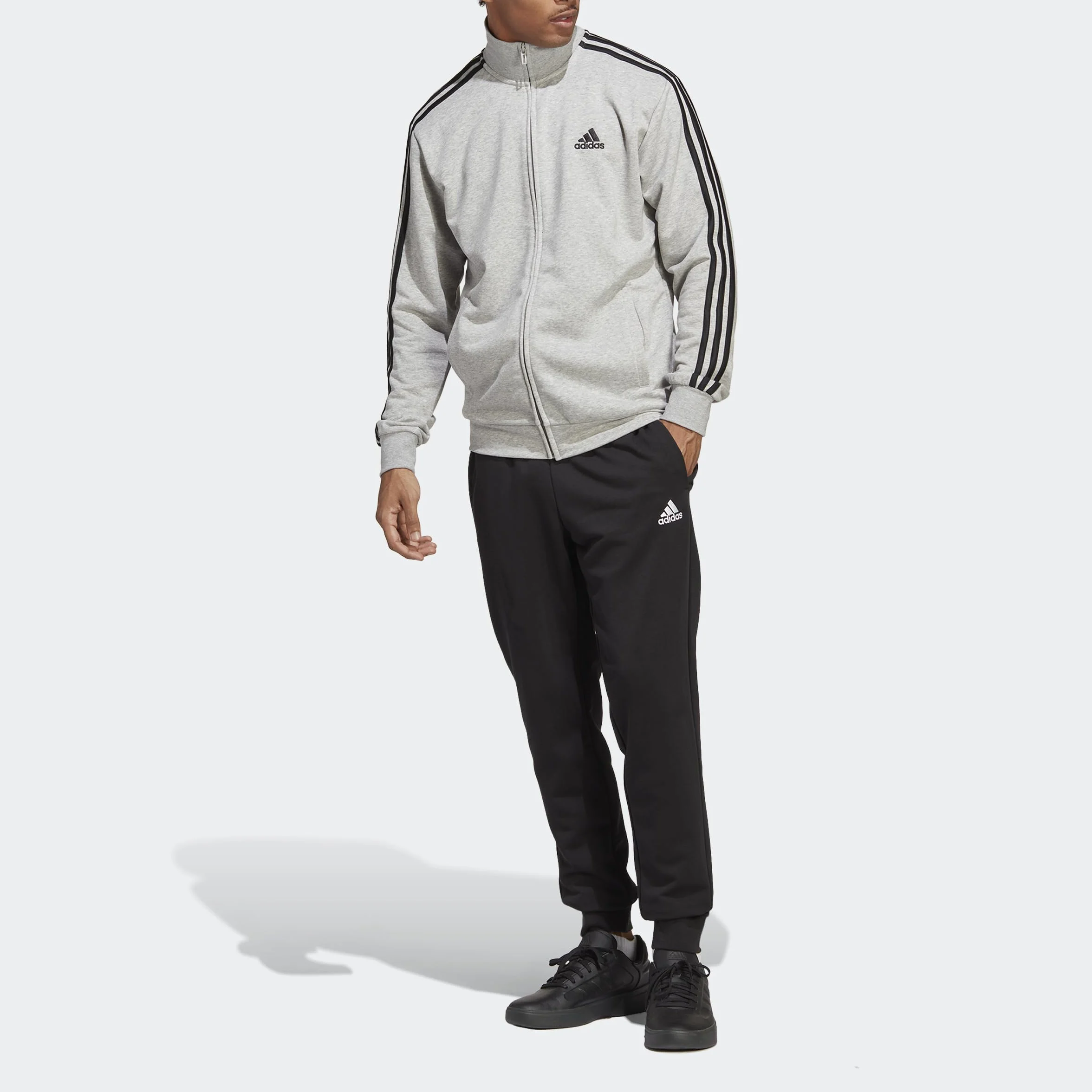 adidas Mężczyźni Basic 3-Stripes French Terry Track Suit, Medium Grey Heather/Black, L