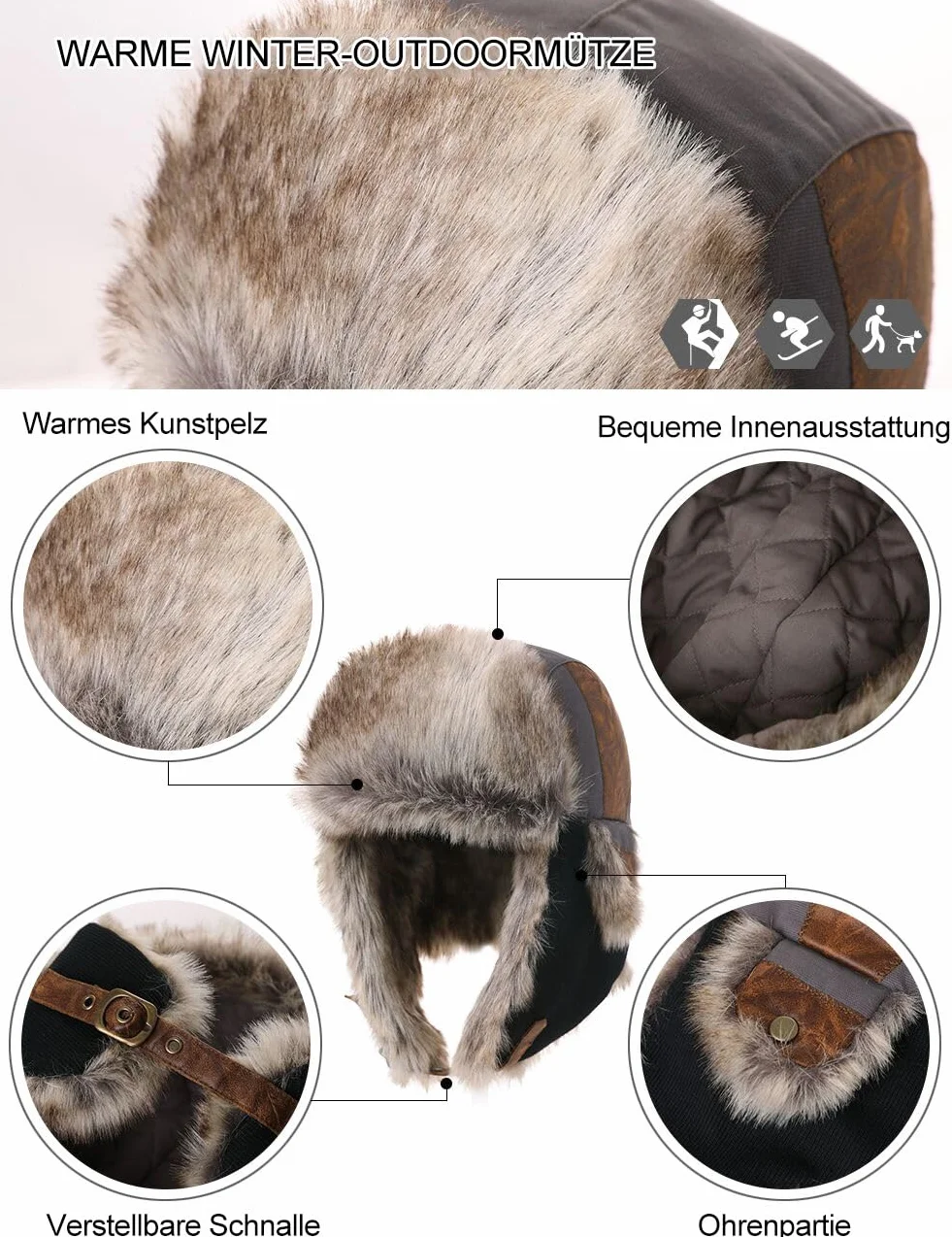 Fancet Unisex zimowe czapki dla mężczyzn kobiet sztuczne futro nauszniki polowanie strzelanie czapka ciepła ushanka rosyjskie żołnierze łapacz bomberka na zewnątrz narty moda czarna XL