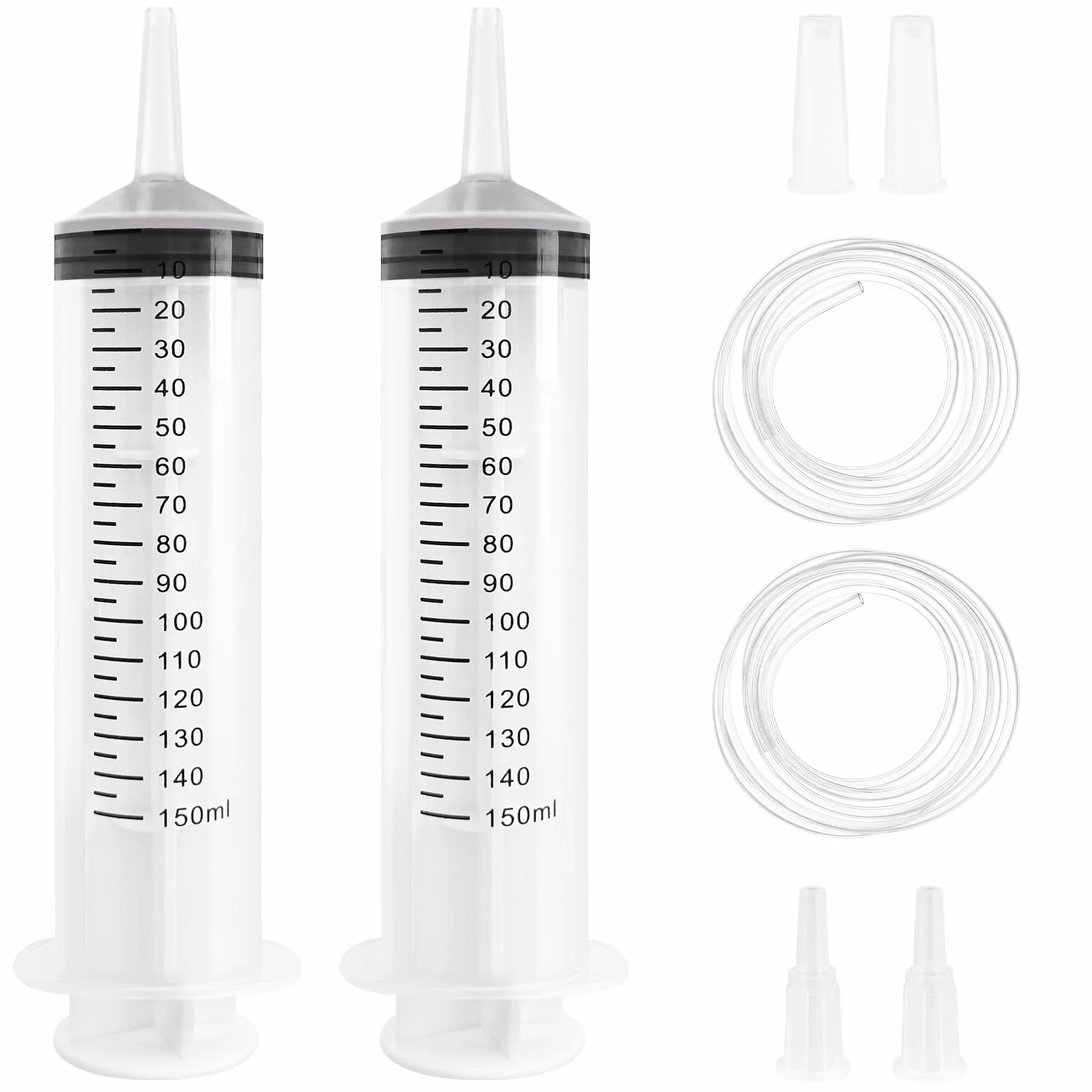 Strzykawka 150 ml z wężem, 2 sztuki strzykawek z tworzywa sztucznego wielokrotnego użytku z nasadką, strzykawka dozująca, płynna strzykawka do karmienia zwierząt domowych
