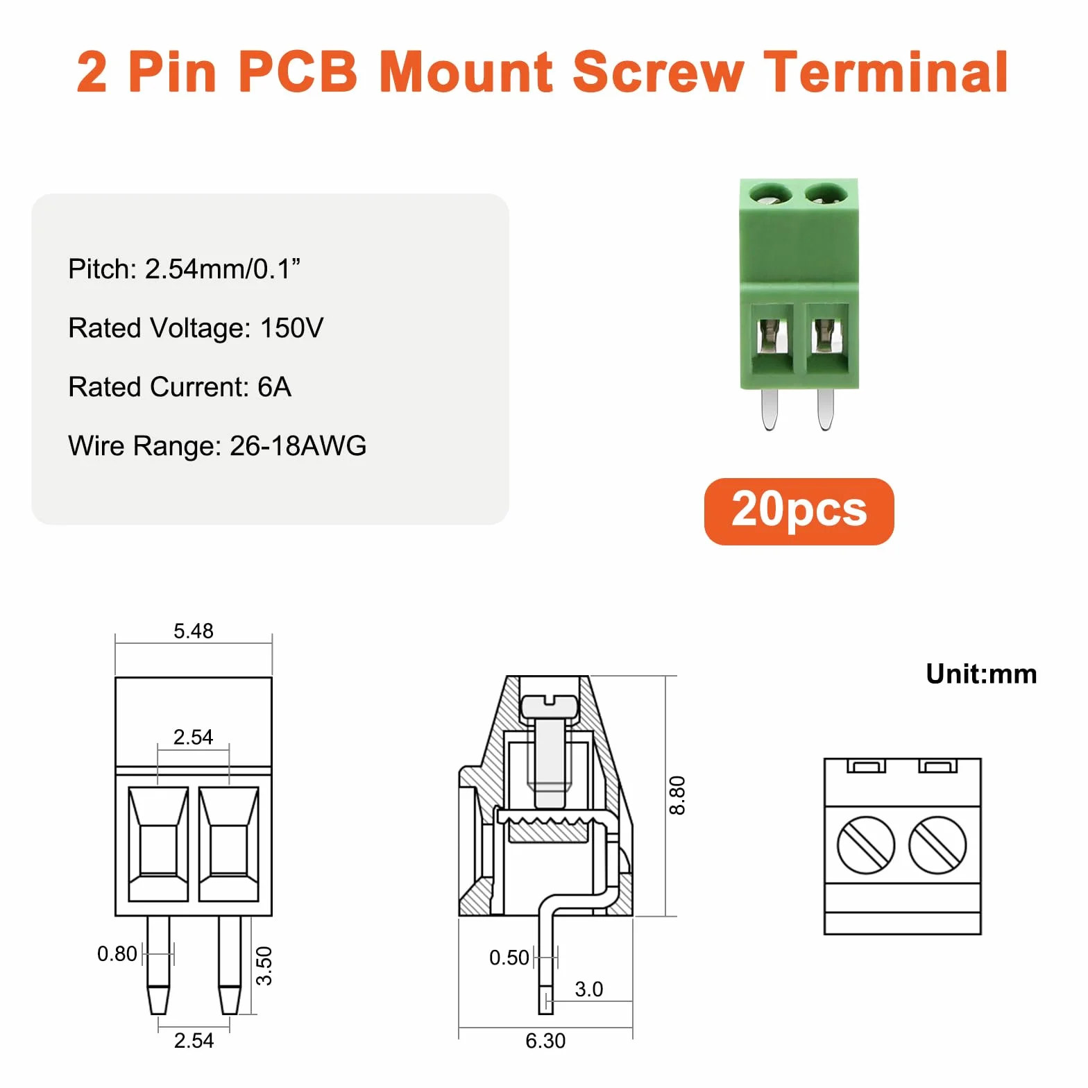 20 Sztuk 2-pinowe Złącze Śrubowe 2.54mm Montażu na Płytce Drukowanej, 150V 6A Zaciski Montażu na PCB, do Projektów Elektronicznych