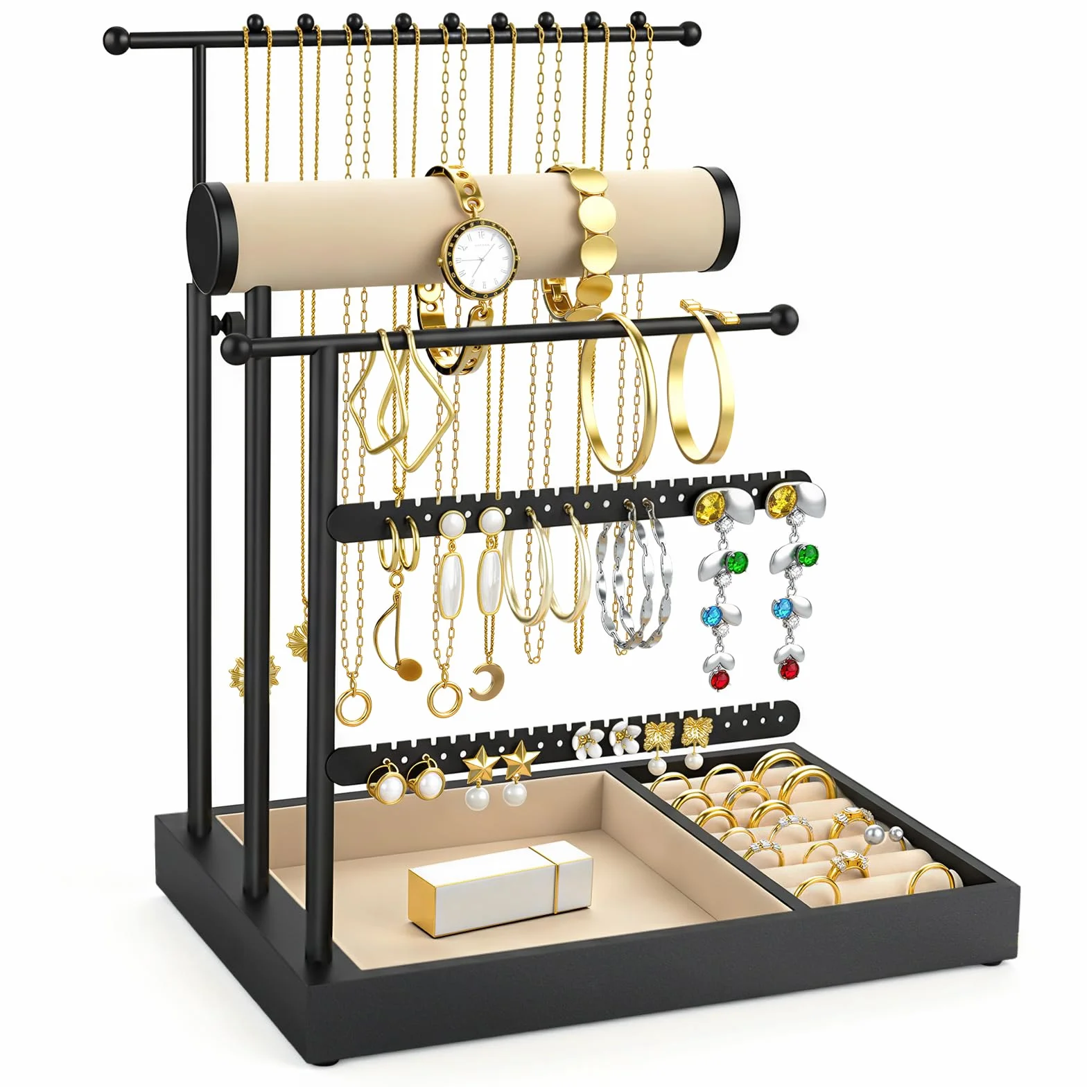 Emibele Necklace Holder, Jewelry Organizer Stand with Velvet Tray, Jewelry Organizer Tower for Earrings, Bracelets and Necklaces, Elegant Necklace Tower Accessory Storage Gifts for Women, Black