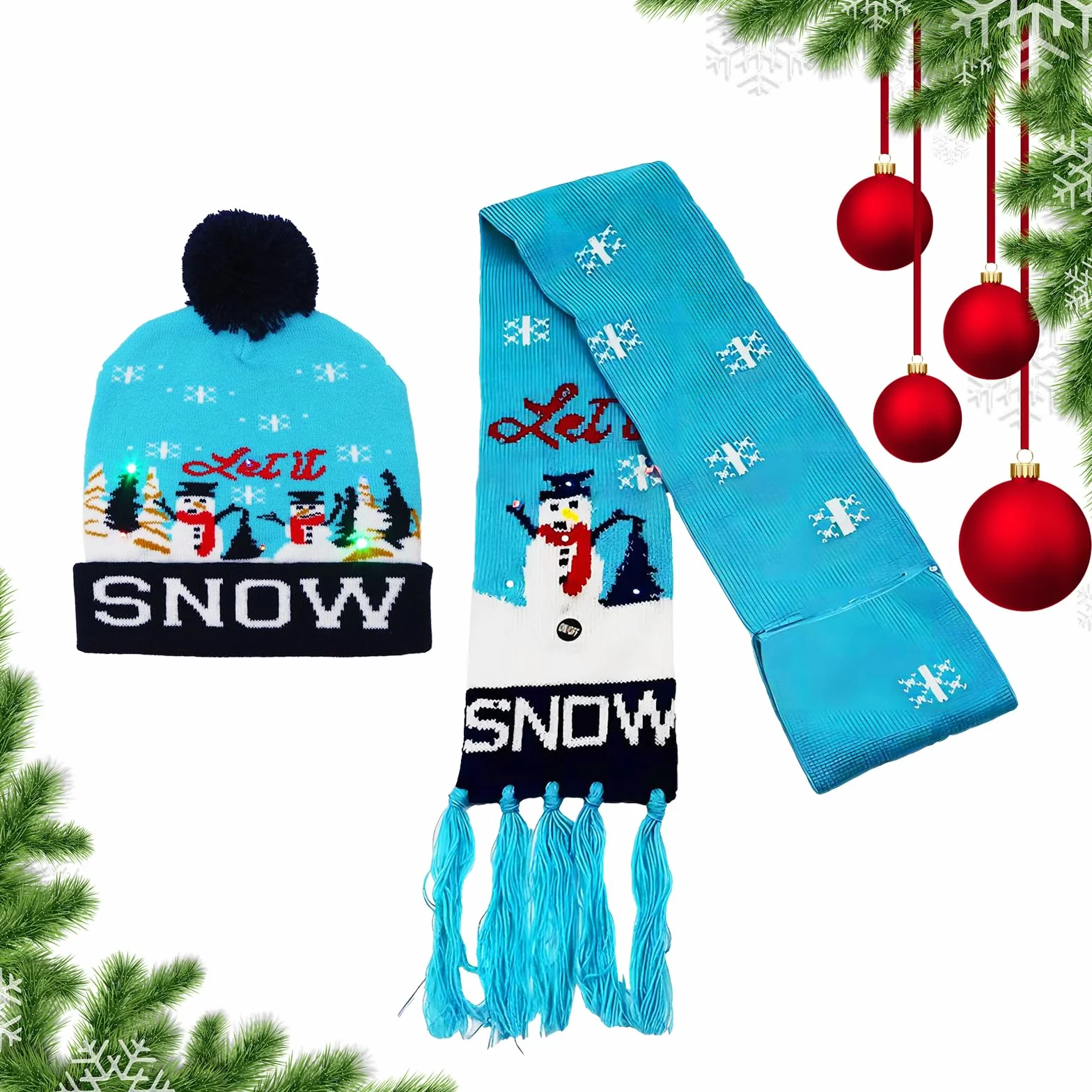 TSLBW Zimowa czapka szalik zestaw dzieci Boże Narodzenie LED czapka szalik śliczne dziewczyny chłopcy Boże Narodzenie prezent termiczna dzianinowa czapka dzieci zima ciepły zestaw czerwony niebieski