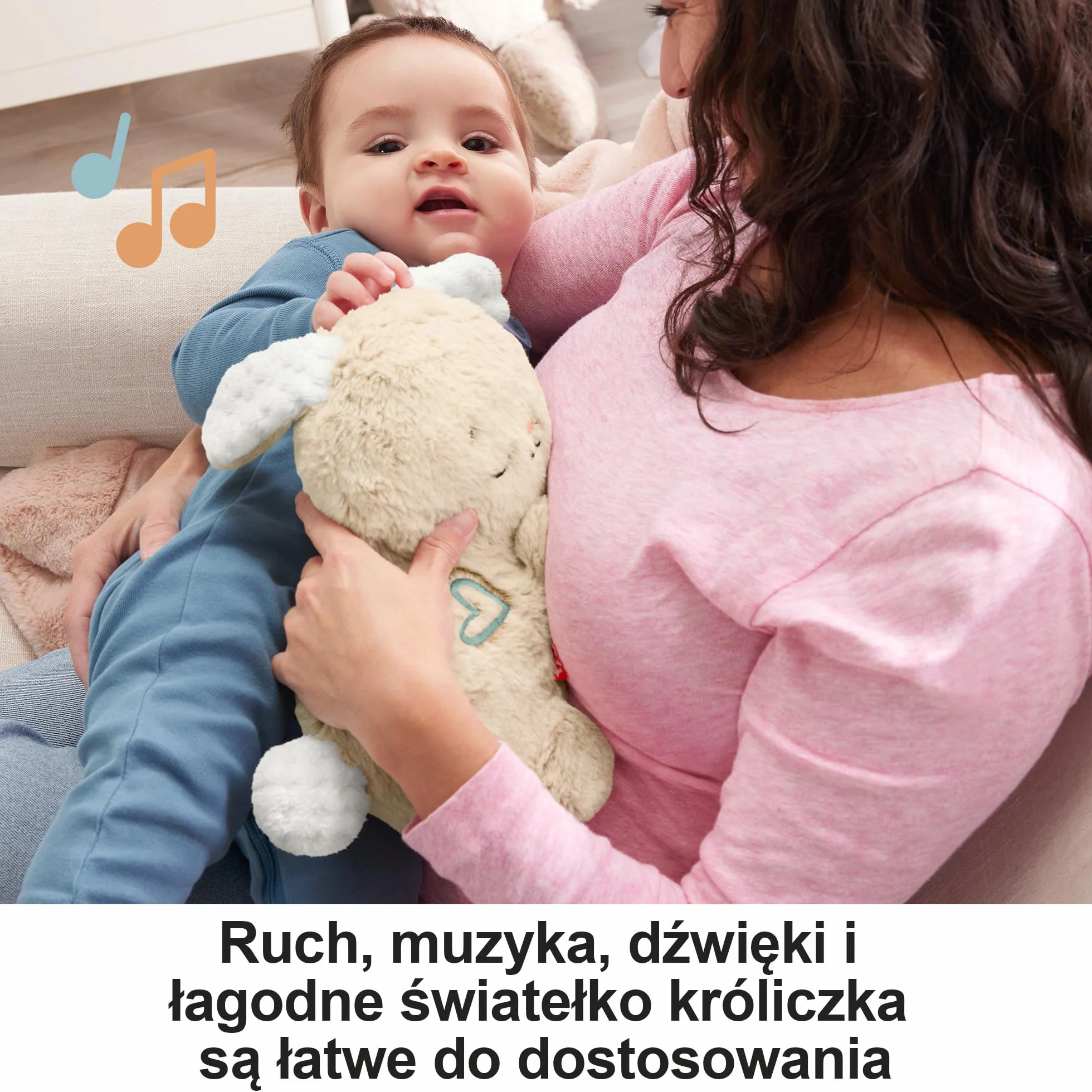 Fisher-Price Śpiący Króliczek Usypiacz Uspokajacz Przenośna przytulanka z muzyką, światełkami i ruchem dla noworodków i niemowląt, HXG97