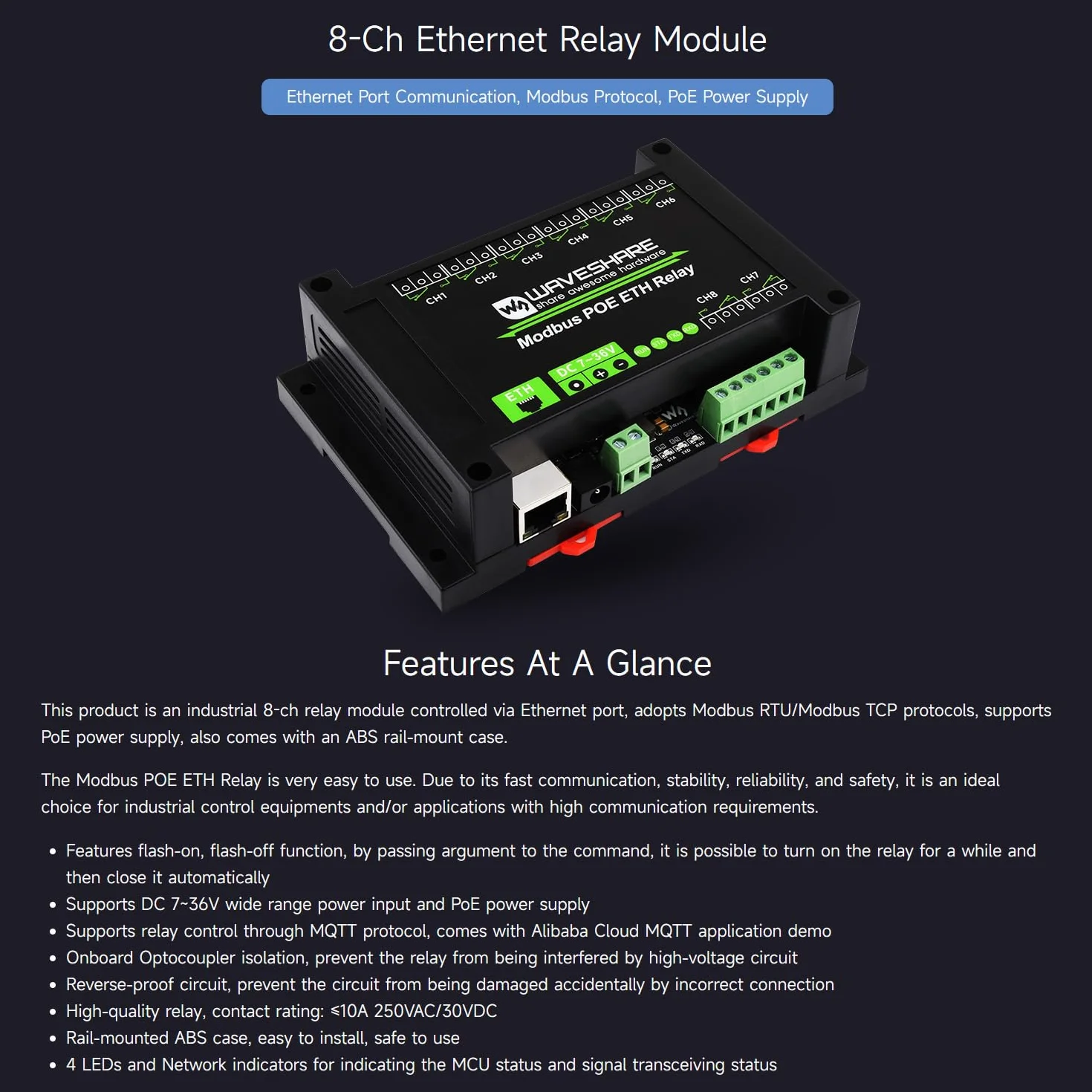 Waveshare 8-Ch Ethernet Relay Module, Modbus RTU/Modbus TCP Protocol, PoE Port Communication, with Various Isolation and Protection Circuits, Industrial Grade Rail-Mount Case