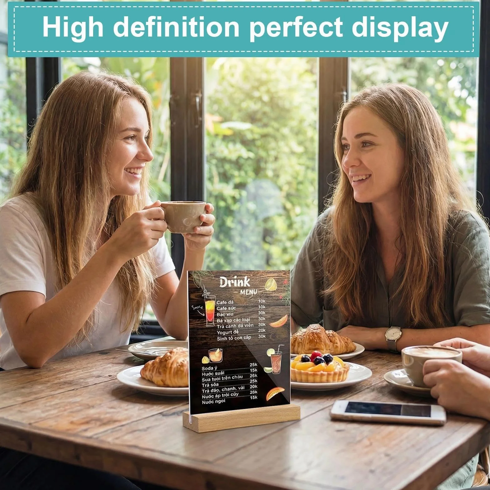 2 sztuki A5, akrylowy stojak na menu z dwustronną drewnianą nóżką, uchwyt na plakat w kształcie litery T, pionowy stół do reklam, zdjęć, menu, ulotek (21 x 15 cm)