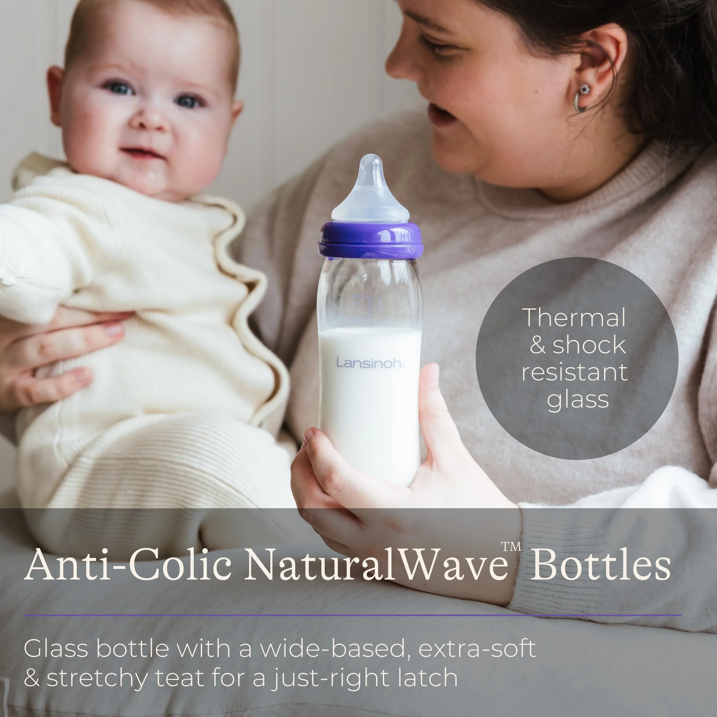 Lansinoh Glas Weithalsflasche 240 ml mit Natural Wave Silikonsauger M, 1 Sztuka Zuignap