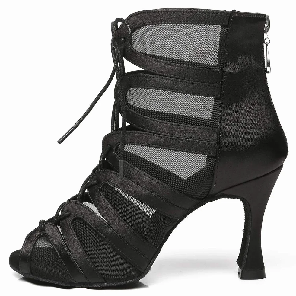 Latein Tanzschuhe Damen Hoher Absatz Salsa Ballsaal Satin Tanz Sandalen Czarny Offene Zehen Latein Tanzstiefel mit 8,5cm Absatz Wildledersohle